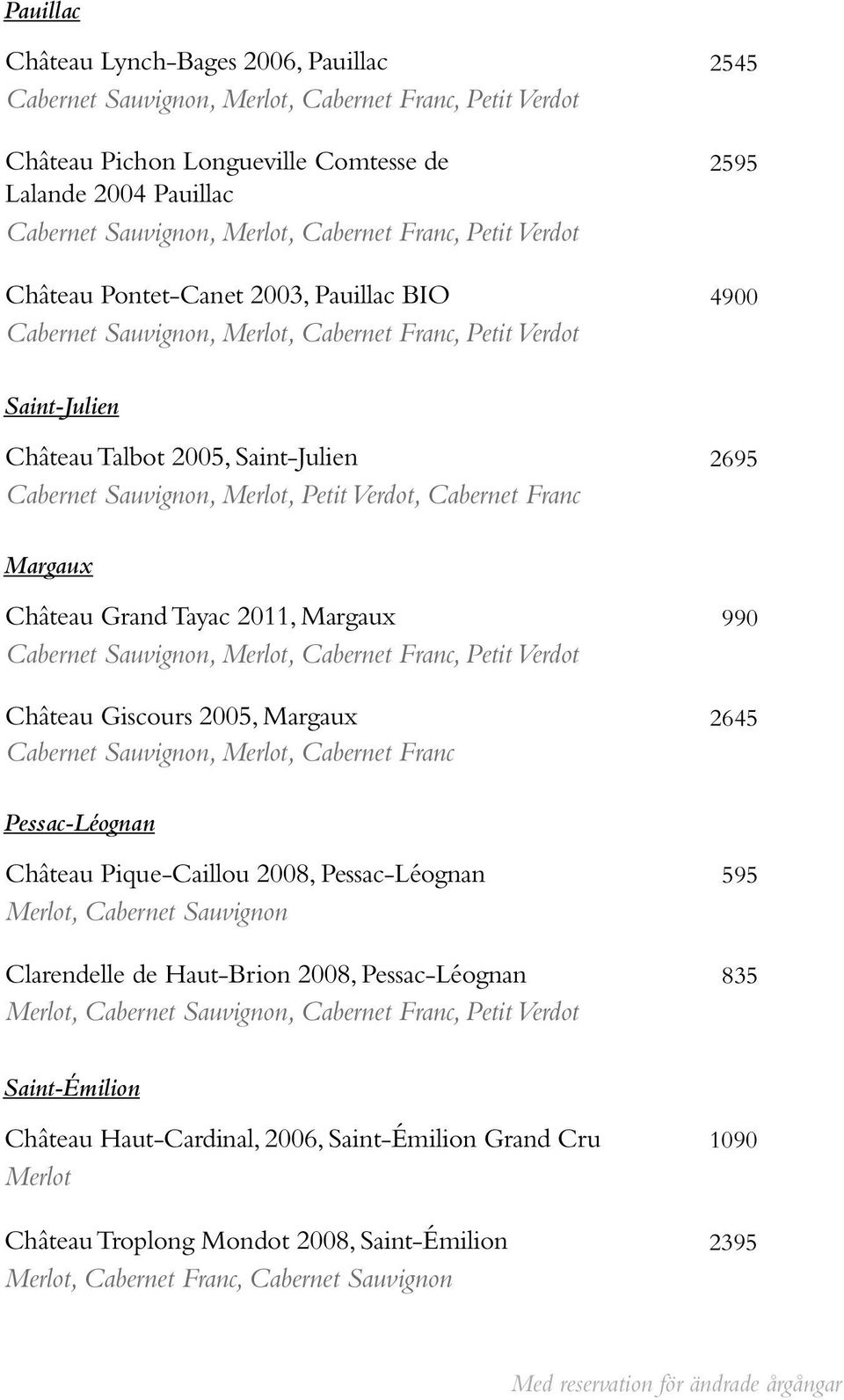 Merlot, Petit Verdot, Cabernet Franc 2695 Margaux Château Grand Tayac 2011, Margaux Cabernet Sauvignon, Merlot, Cabernet Franc, Petit Verdot Château Giscours 2005, Margaux Cabernet Sauvignon, Merlot,