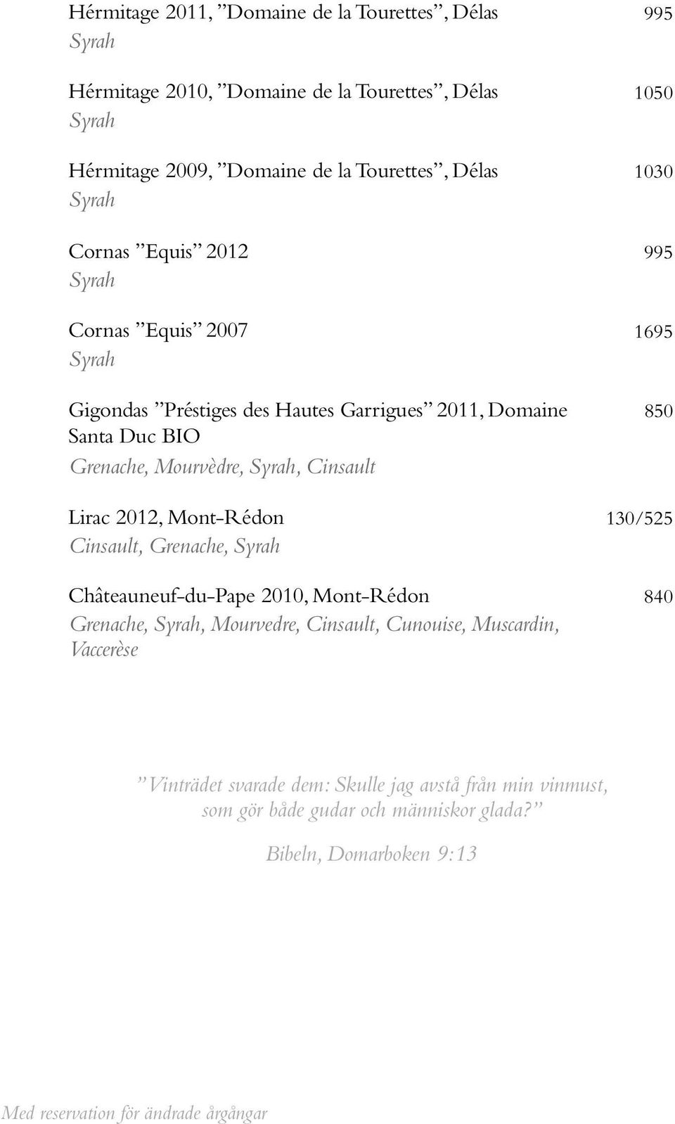 Cinsault Lirac 2012, Mont-Rédon Cinsault, Grenache, Syrah Châteauneuf-du-Pape 2010, Mont-Rédon Grenache, Syrah, Mourvedre, Cinsault, Cunouise, Muscardin,