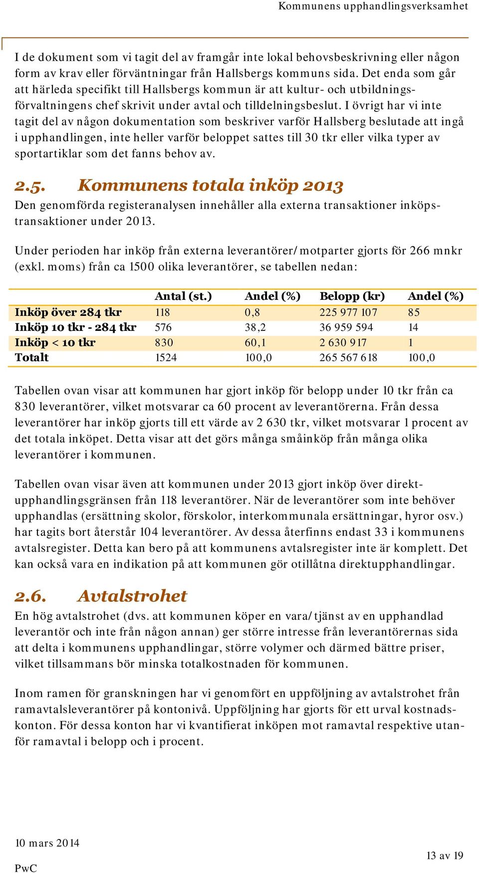 I övrigt har vi inte tagit del av någon dokumentation som beskriver varför Hallsberg beslutade att ingå i upphandlingen, inte heller varför beloppet sattes till 30 tkr eller vilka typer av