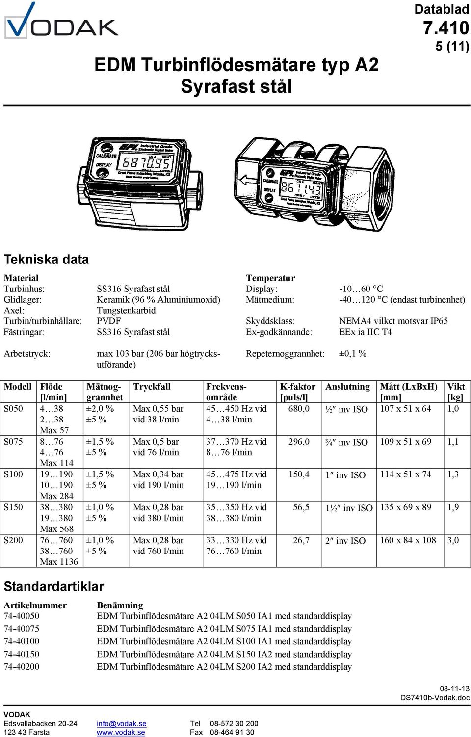 vilket motsvar IP65 EEx ia IIC T4 Modell Flöde S050 4 38 2 38 Max 57 S075 8 76 4 76 Max 114 S100 19 190 10 190 Max 284 S150 38 380 19 380 Max 568 S200 76 760 38 760 Max 1136 Mätnoggrannhet ±2,0 %