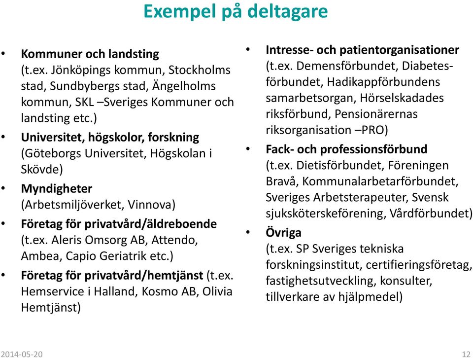 Aleris Omsorg AB, Attendo, Ambea, Capio Geriatrik etc.) Företag för privatvård/hemtjänst (t.ex.