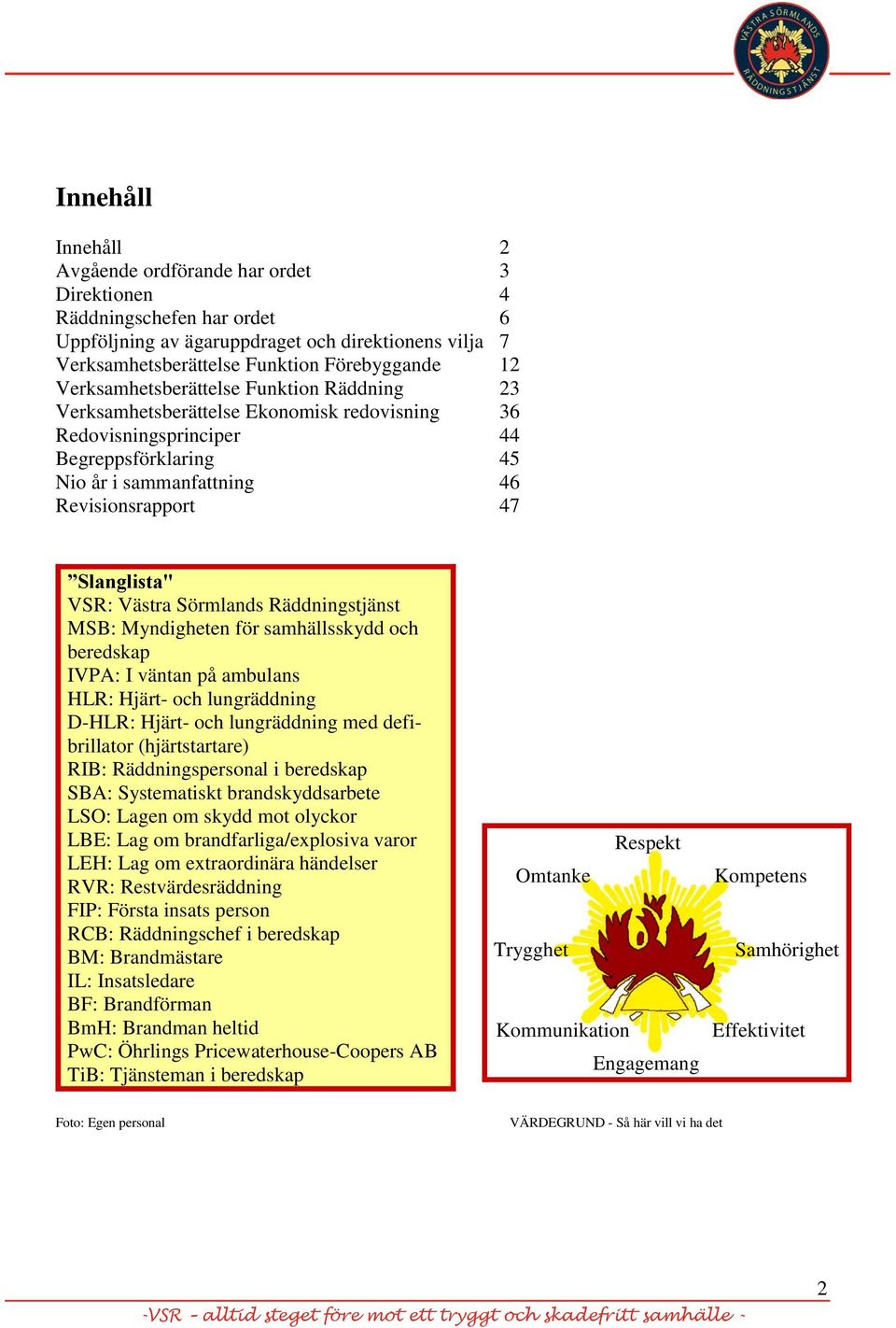 VSR: Västra Sörmlands Räddningstjänst MSB: Myndigheten för samhällsskydd och beredskap IVPA: I väntan på ambulans HLR: Hjärt- och lungräddning D-HLR: Hjärt- och lungräddning med defibrillator