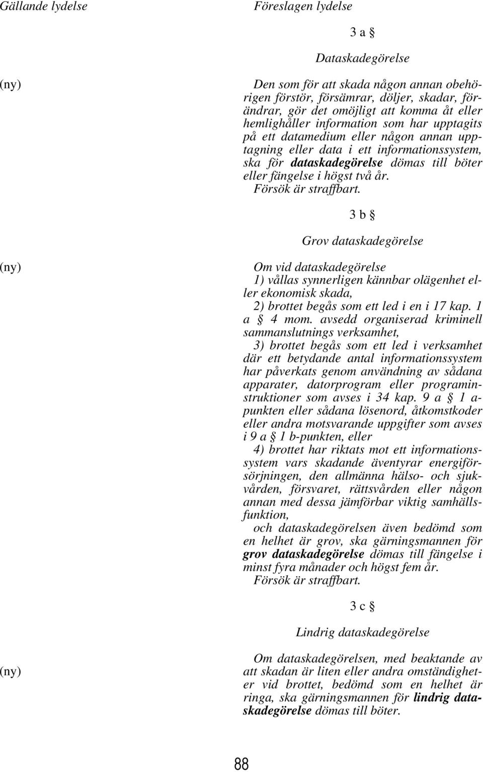 3 b Grov dataskadegörelse (ny) Om vid dataskadegörelse 1) vållas synnerligen kännbar olägenhet eller ekonomisk skada, 2) brottet begås som ett led i en i 17 kap. 1 a 4 mom.