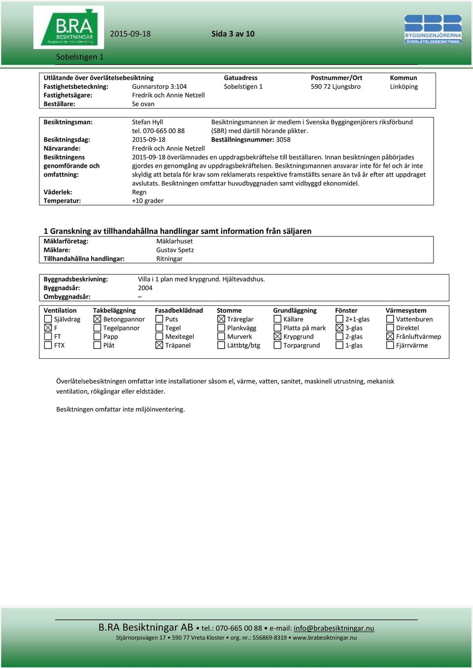Besiktningsdag: 2015-09-18 Beställningsnummer: 3058 Närvarande: Fredrik och Annie Netzell Besiktningens genomförande och omfattning: 2015-09-18 överlämnades en uppdragsbekräftelse till beställaren.