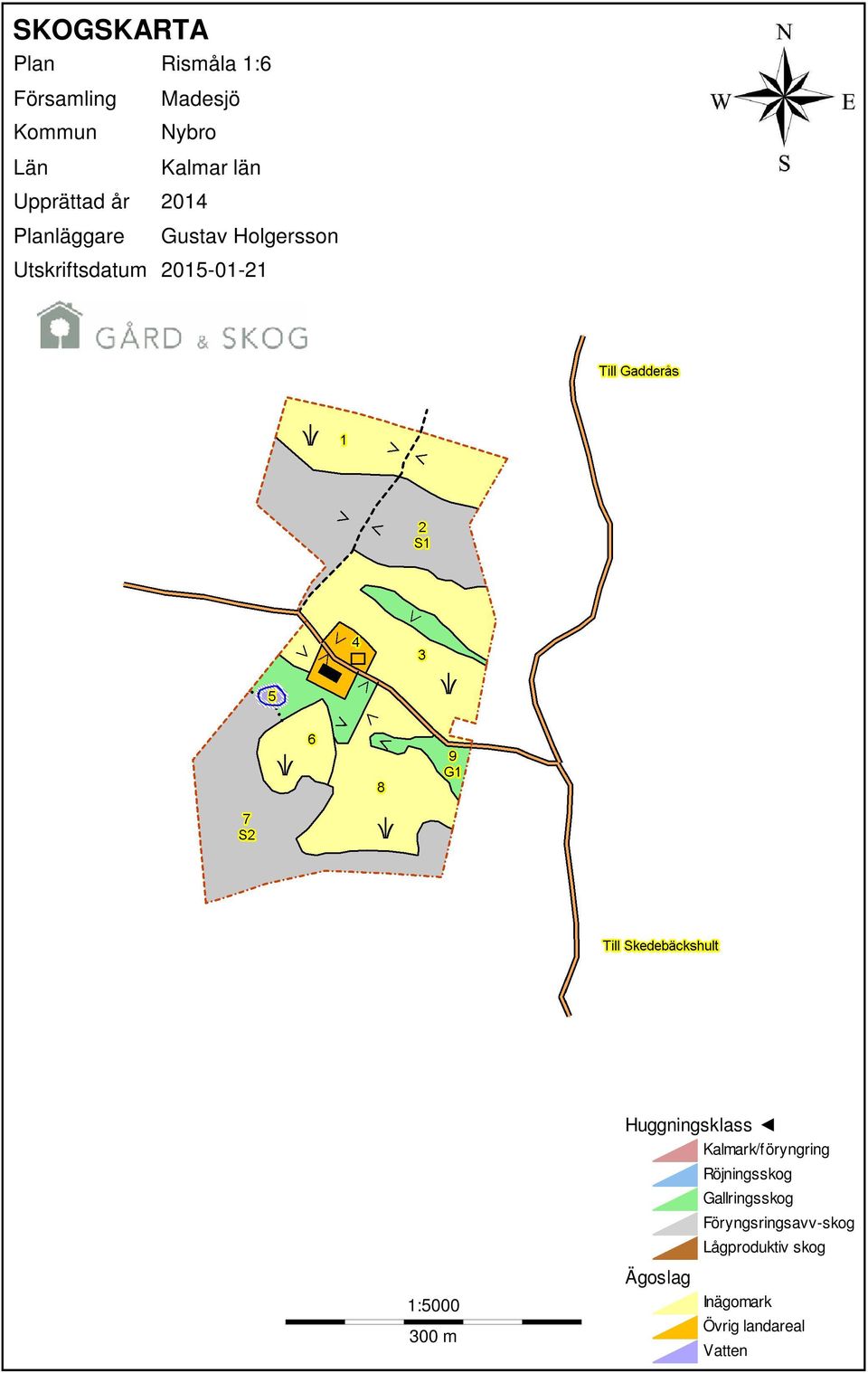1:5000 300 m Huggningsklass Kalmark/föryngring Ägoslag Röjningsskog