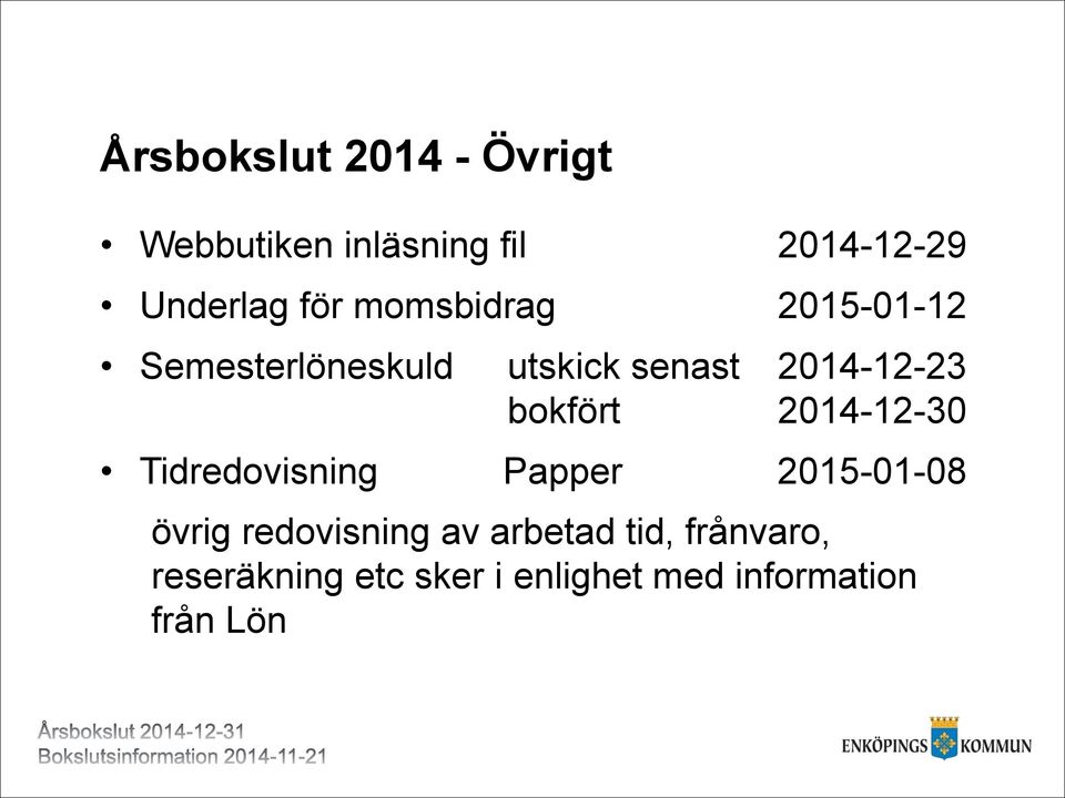 bokfört 2014-12-30 Tidredovisning Papper 2015-01-08 övrig redovisning av