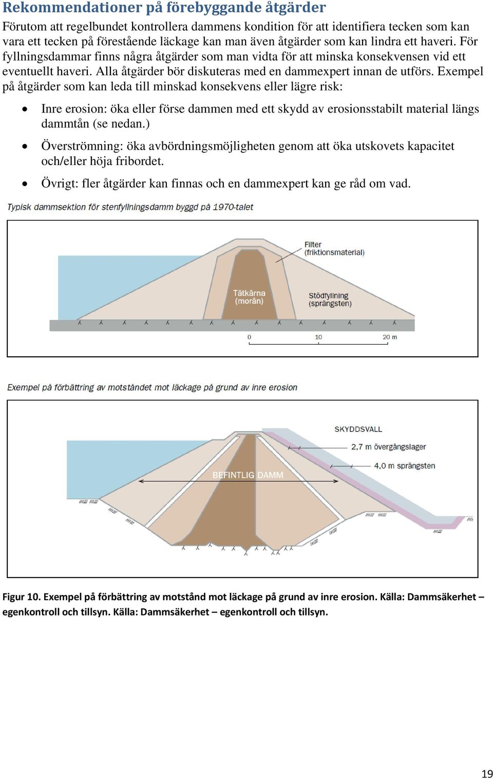 Exempel på åtgärder som kan leda till minskad konsekvens eller lägre risk: Inre erosion: öka eller förse dammen med ett skydd av erosionsstabilt material längs dammtån (se nedan.