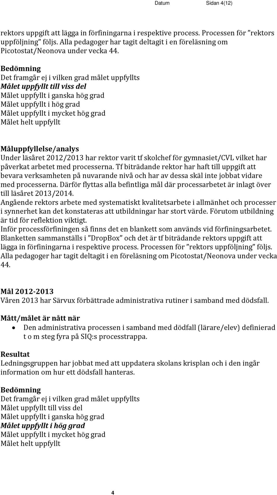 Under läsåret 2012/2013 har rektor varit tf skolchef för gymnasiet/cvl vilket har påverkat arbetet med processerna.