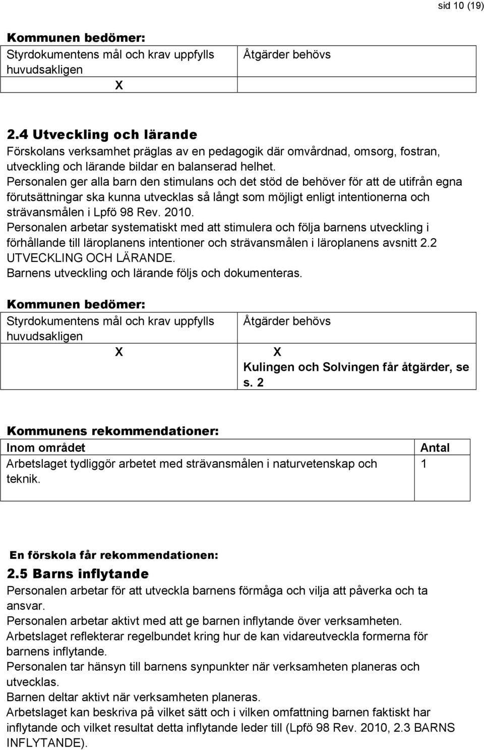 2010. Personalen arbetar systematiskt med att stimulera och följa barnens utveckling i förhållande till läroplanens intentioner och strävansmålen i läroplanens avsnitt 2.2 UTVECKLING OCH LÄRANDE.