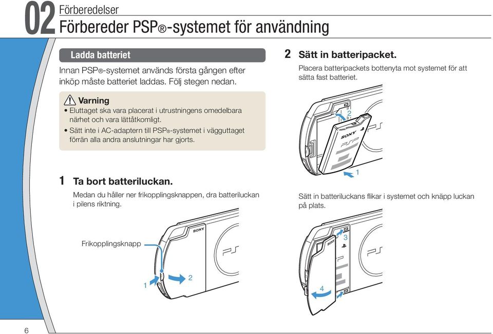Sätt inte i AC-adaptern till PSP -systemet i vägguttaget förrän alla andra anslutningar har gjorts. 2 Sätt in batteripacket.