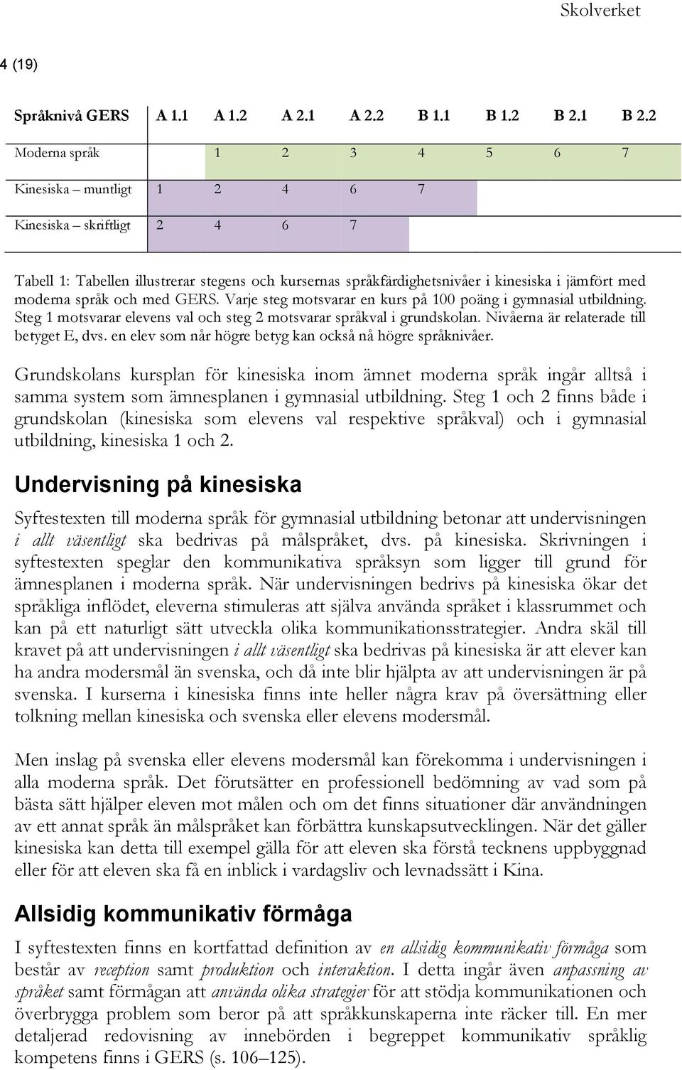 språk och med GERS. Varje steg motsvarar en kurs på 100 poäng i gymnasial utbildning. Steg 1 motsvarar elevens val och steg 2 motsvarar språkval i grundskolan.