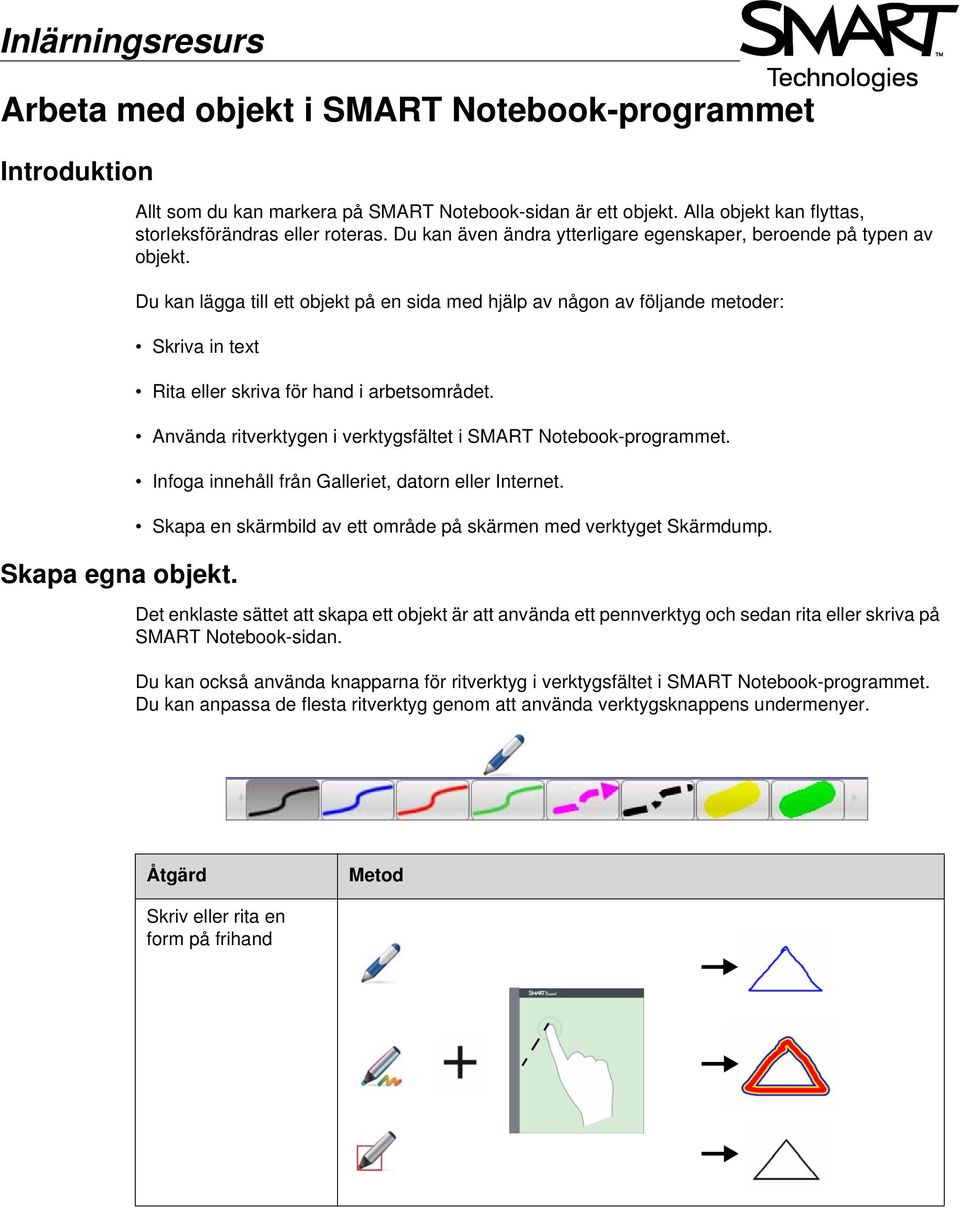 Rita eller skriva för hand i arbetsområdet. Använda ritverktygen i verktygsfältet i SMART Notebook-programmet. Infoga innehåll från Galleriet, datorn eller Internet.