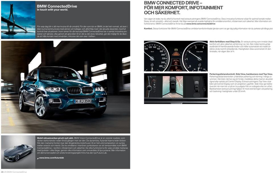 Inom ramen för vårt koncept BMW ConnectedDrive har vi samlat innovativa produkter och tjänster, vilka genom att göra bilen till en del av det stora nätverket, gör det möjligt för de åkande att hålla
