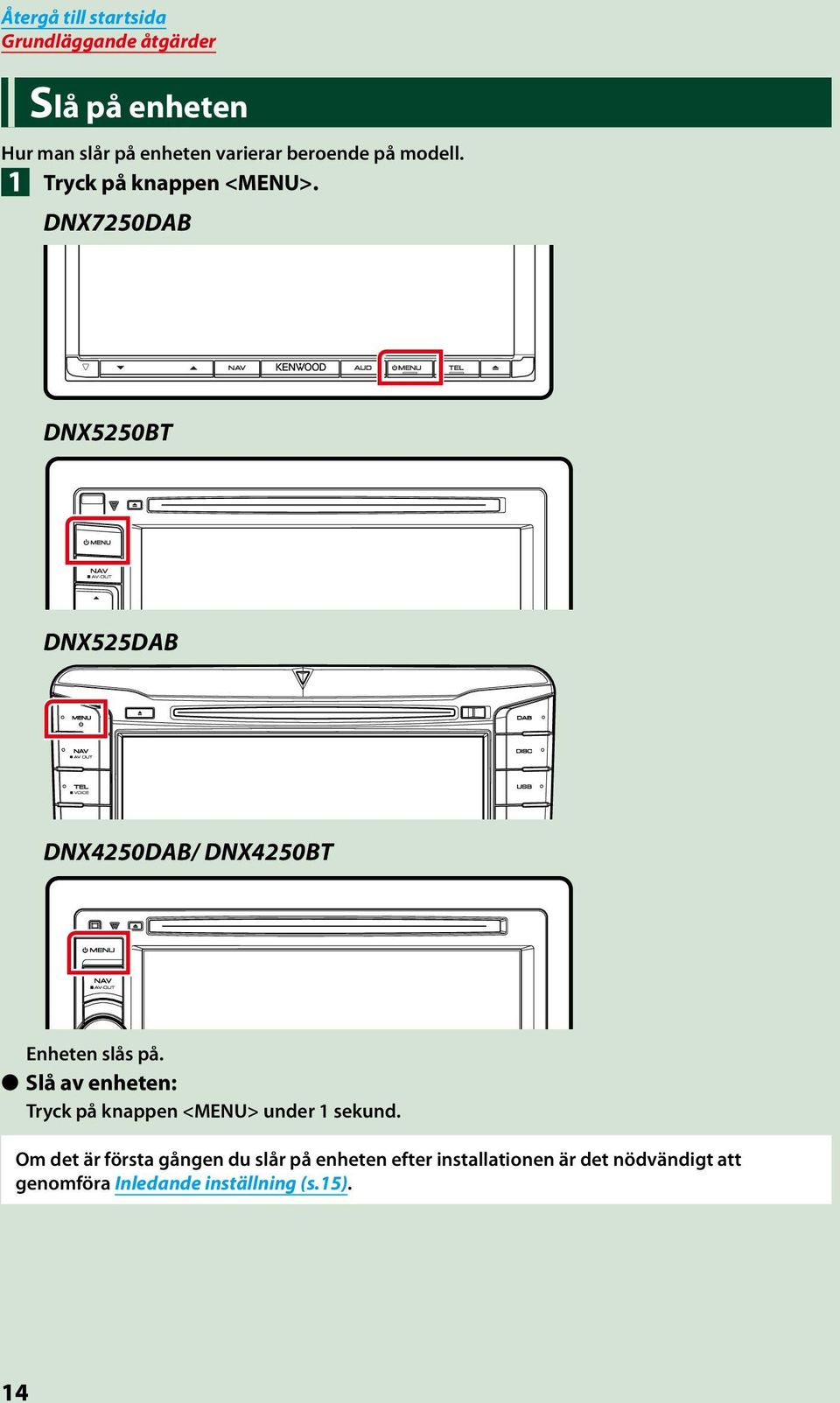 DNX7250DAB DNX5250BT DNX525DAB DNX4250DAB/ DNX4250BT Enheten slås på.