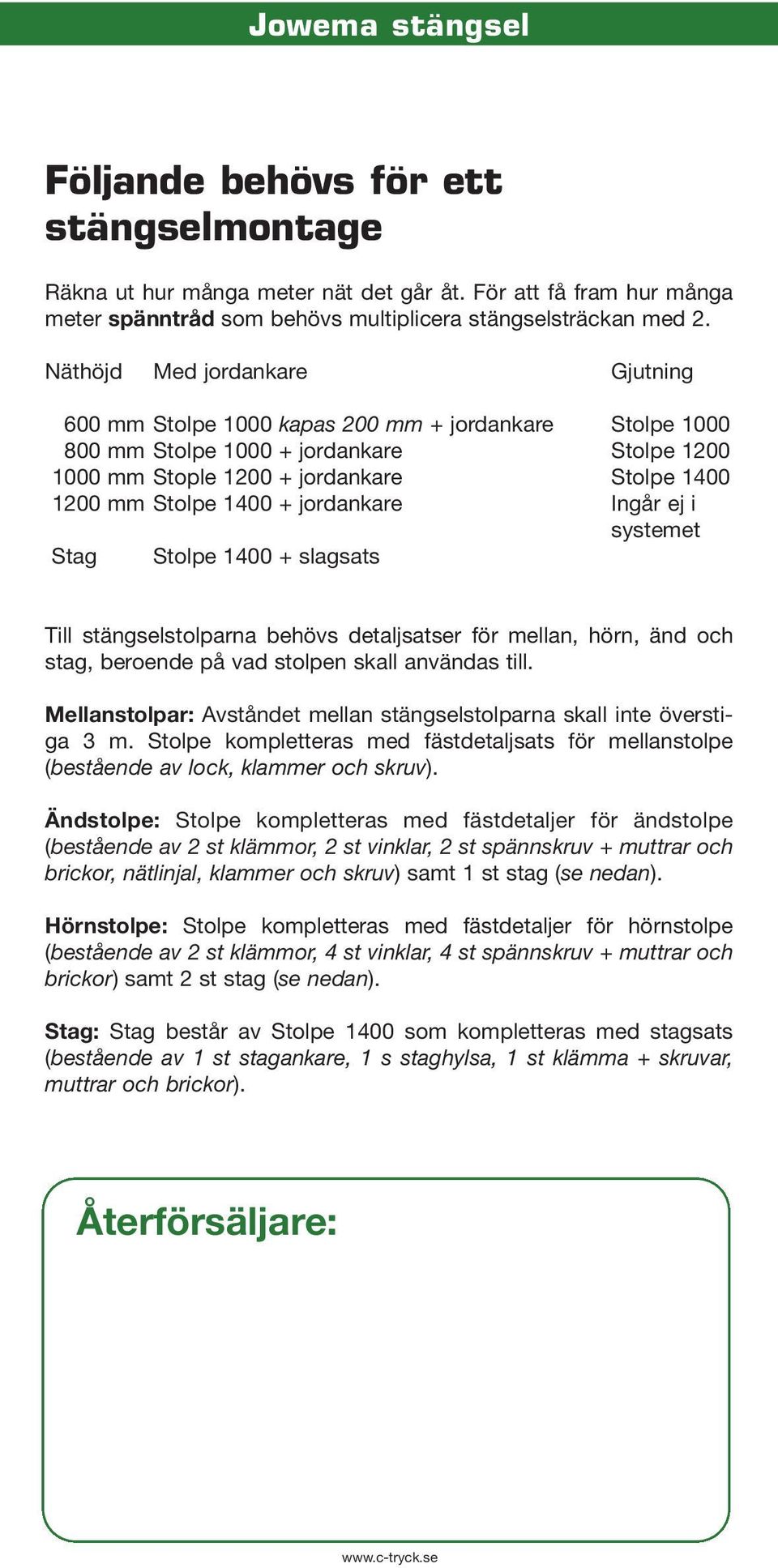 jordankare Ingår ej i systemet Stag Stolpe 1400 + slagsats Till stängselstolparna behövs detaljsatser för mellan, hörn, änd och stag, beroende på vad stolpen skall användas till.