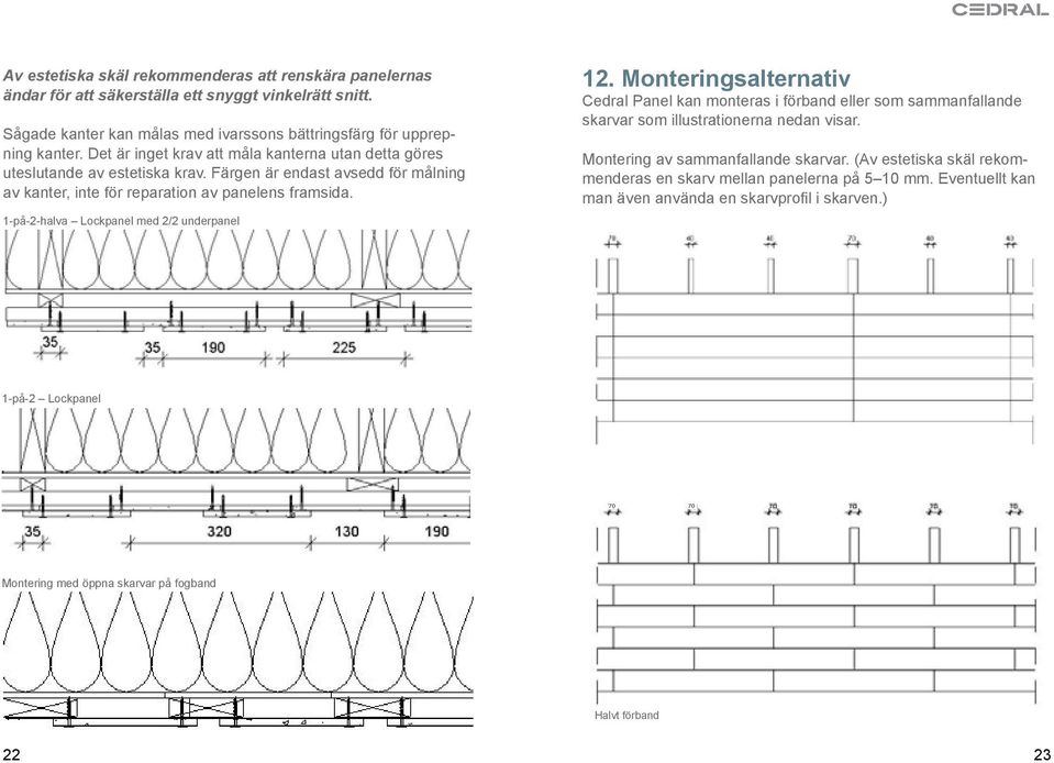 1-på-2-halva Lockpanel med 2/2 underpanel 12. Monteringsalternativ Cedral Panel kan monteras i förband eller som sammanfallande skarvar som illustrationerna nedan visar.