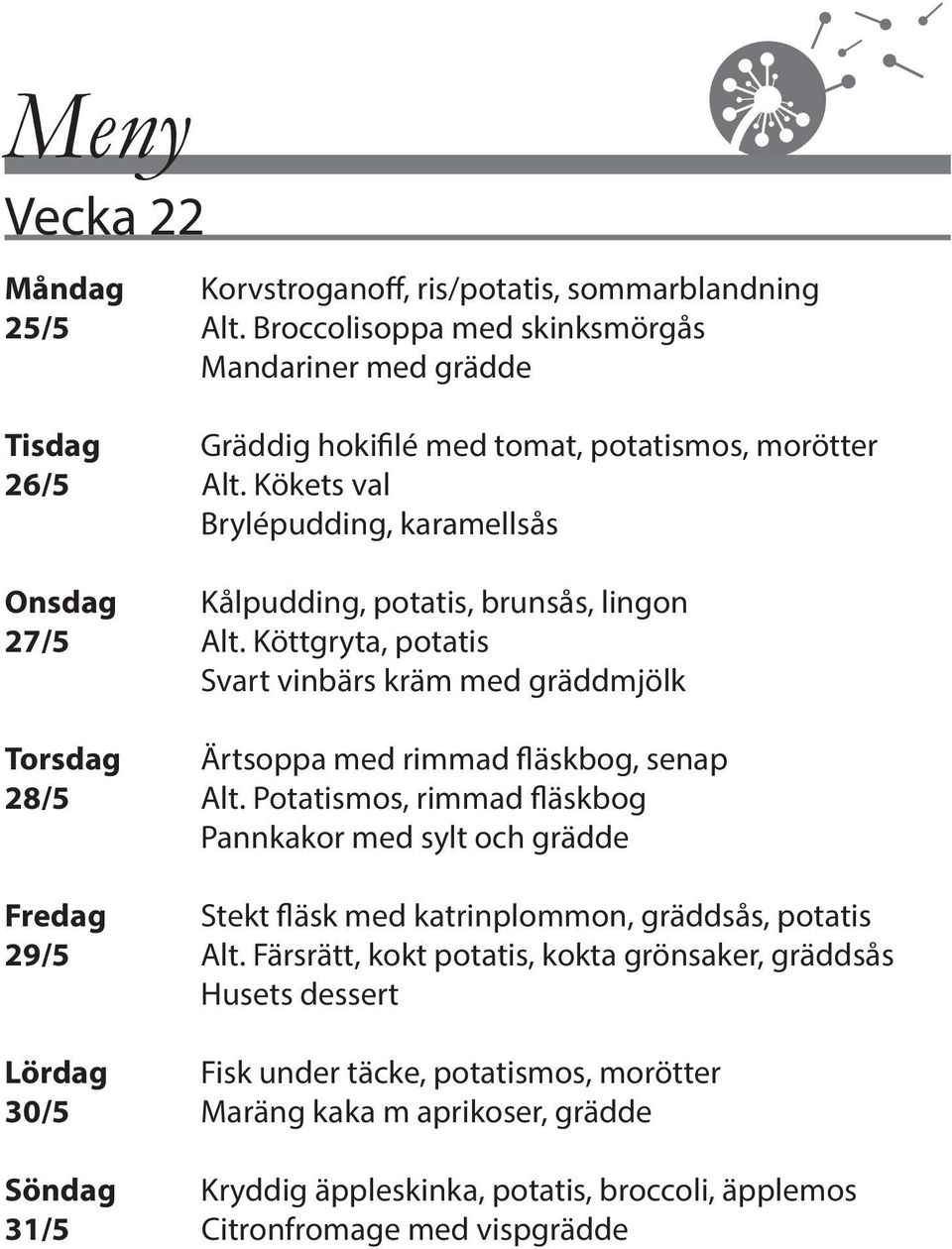 Kökets val Brylépudding, karamellsås Onsdag Kålpudding, potatis, brunsås, lingon 27/5 Alt.