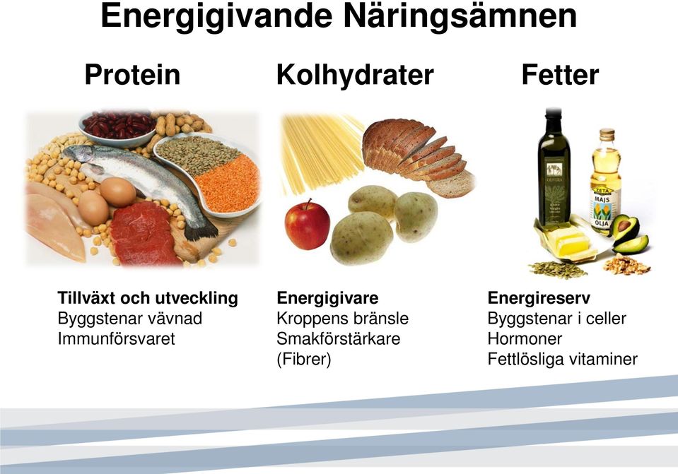 Energigivare Kroppens bränsle Smakförstärkare (Fibrer)