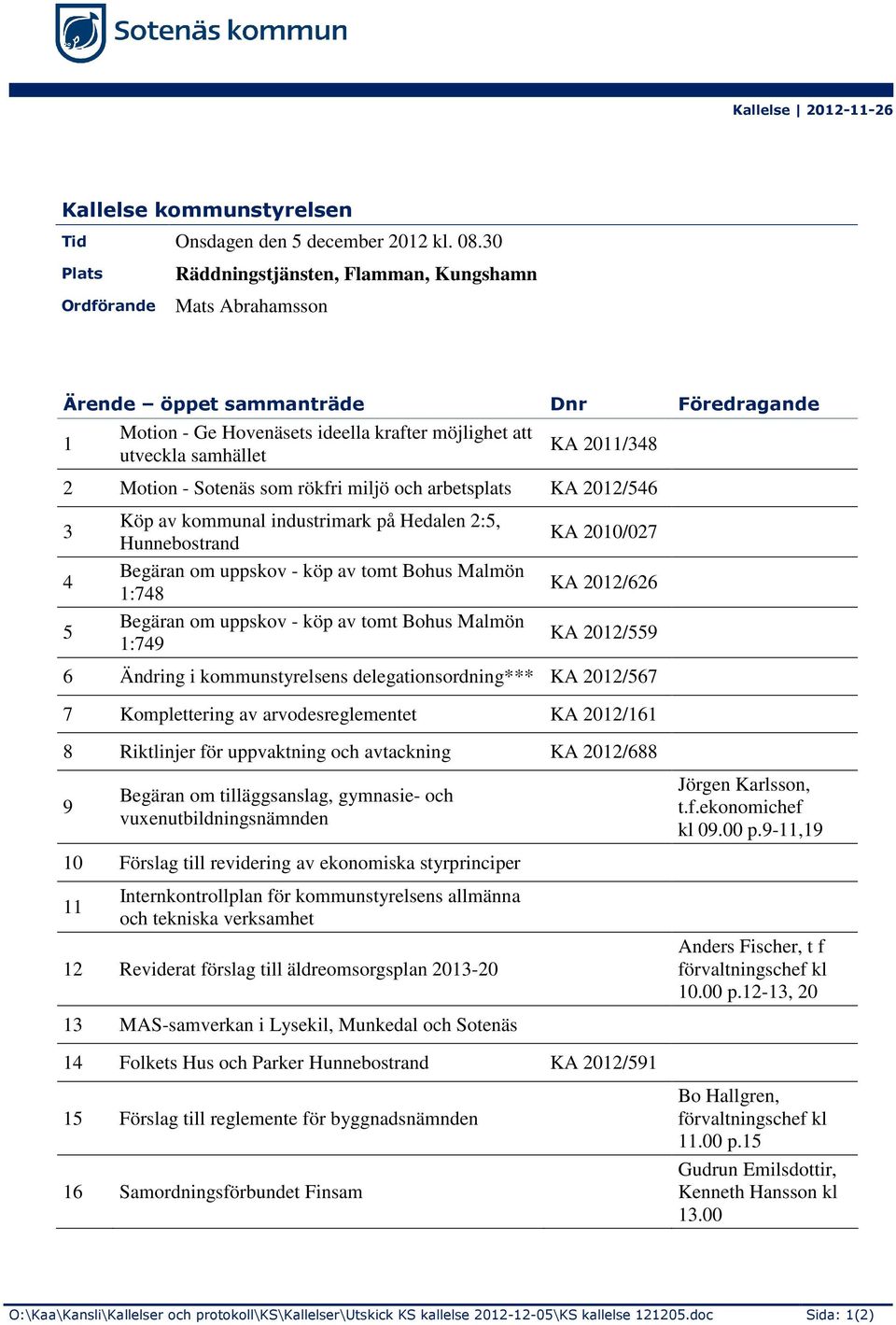 2011/348 2 Motion - Sotenäs som rökfri miljö och arbetsplats KA 2012/546 3 4 5 Köp av kommunal industrimark på Hedalen 2:5, Hunnebostrand Begäran om uppskov - köp av tomt Bohus Malmön 1:748 Begäran