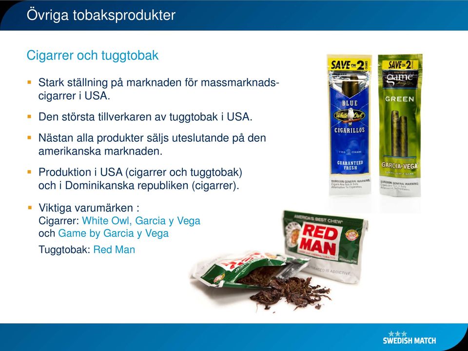 Nästan alla produkter säljs uteslutande på den amerikanska marknaden.