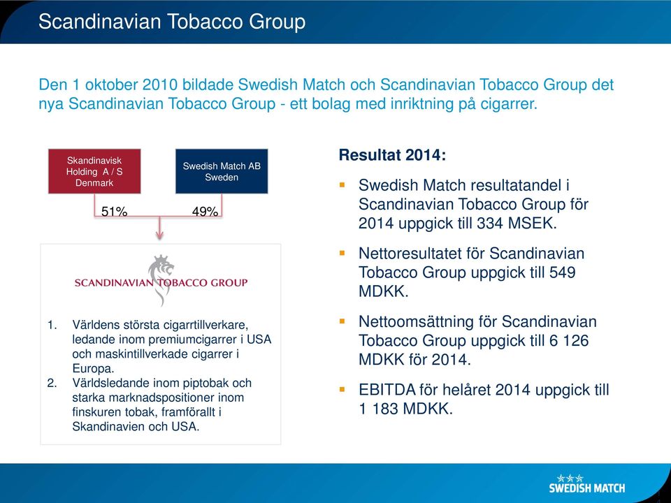 Nettoresultatet för Scandinavian Tobacco Group uppgick till 549 MDKK. 1. Världens största cigarrtillverkare, ledande inom premiumcigarrer i USA och maskintillverkade cigarrer i Europa. 2.