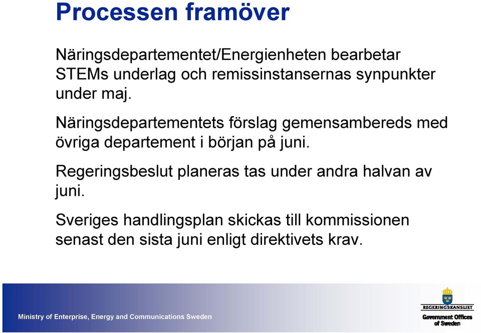 Näringsdepartementets förslag gemensambereds med övriga departement i början på juni.