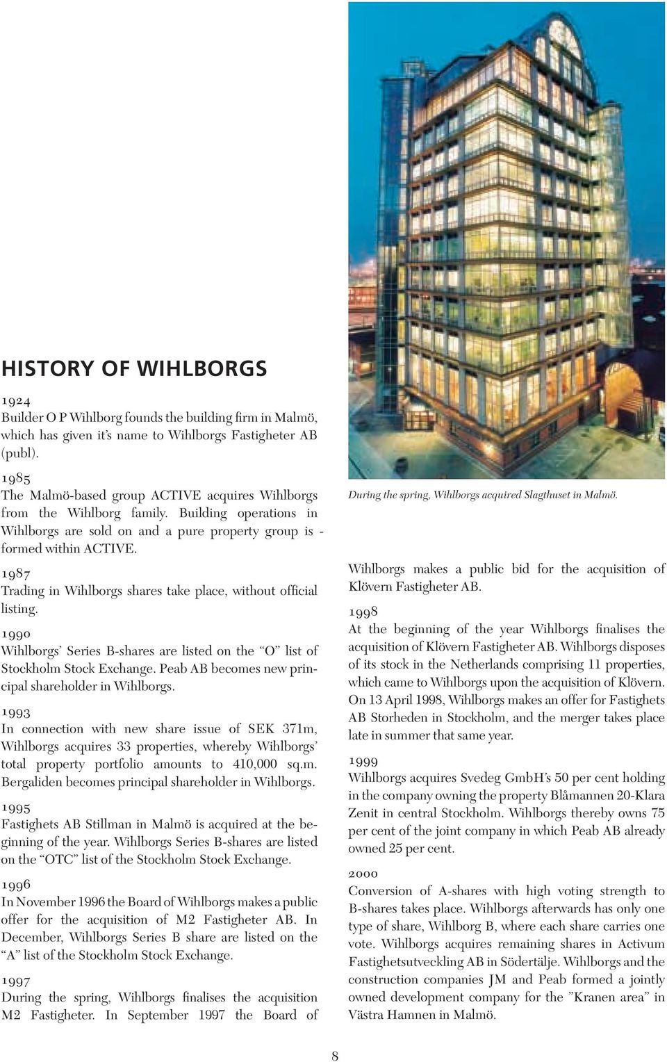 1987 Trading in Wihlborgs shares take place, without official listing. 1990 Wihlborgs Series B-shares are listed on the O list of Stockholm Stock Exchange.