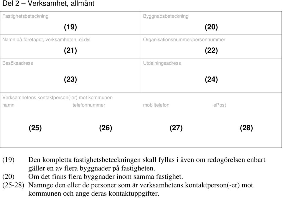 mobiltelefon epost (25) (26) (27) (28) (19) Den kompletta fastighetsbeteckningen skall fyllas i även om redogörelsen enbart gäller en av flera byggnader