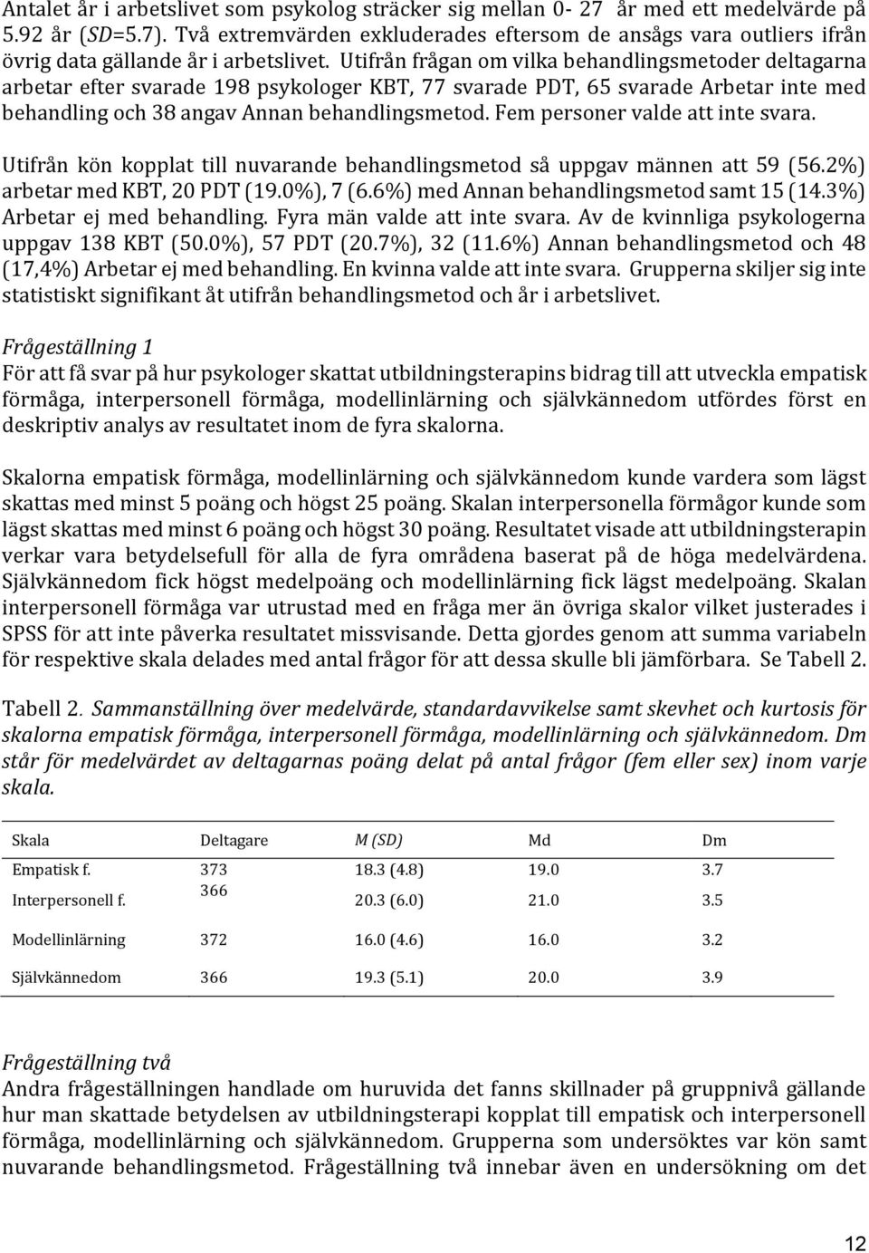 Utifrån frågan om vilka behandlingsmetoder deltagarna arbetar efter svarade 198 psykologer KBT, 77 svarade PDT, 65 svarade Arbetar med behandling och 38 angav Annan behandlingsmetod.
