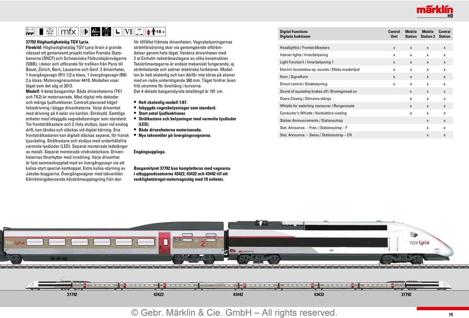 från Paris till Basel, Zürich, Bern, Lausanne och Genf. 2 drivenheter, 1 övergångsvagn (R1) 1/2:a klass, 1 övergångsvagn (R8) 2:a klass. Motorvagnsnummer 4410.