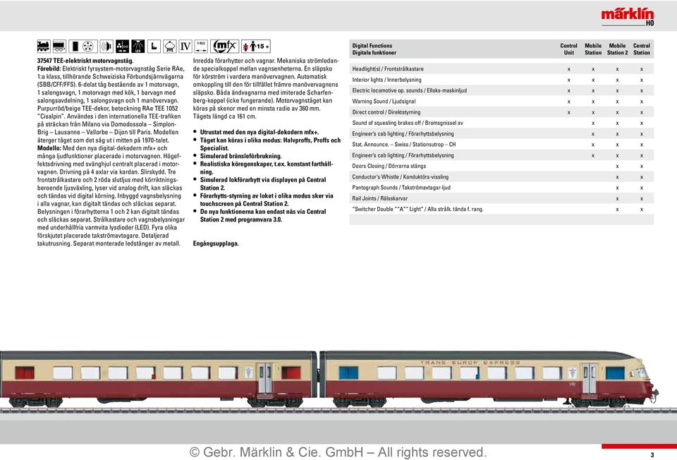 Användes i den internationella TEE-trafiken på sträckan från Milano via Domodossola Simplon- Brig Lausanne Vallorbe Dijon till Paris. Modellen återger tåget som det såg ut i mitten på 1970-talet.