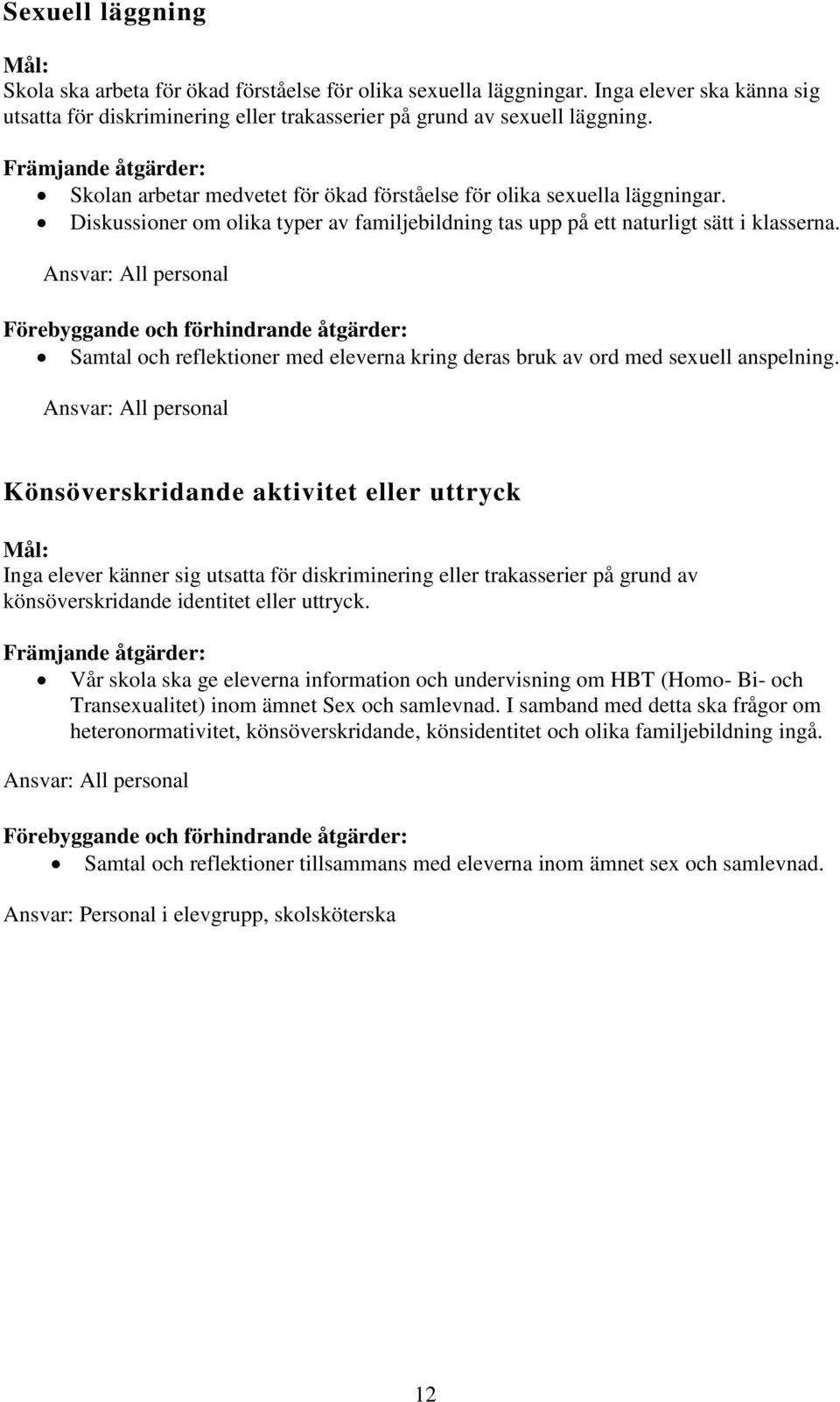 Ansvar: All personal Förebyggande och förhindrande åtgärder: Samtal och reflektioner med eleverna kring deras bruk av ord med sexuell anspelning.