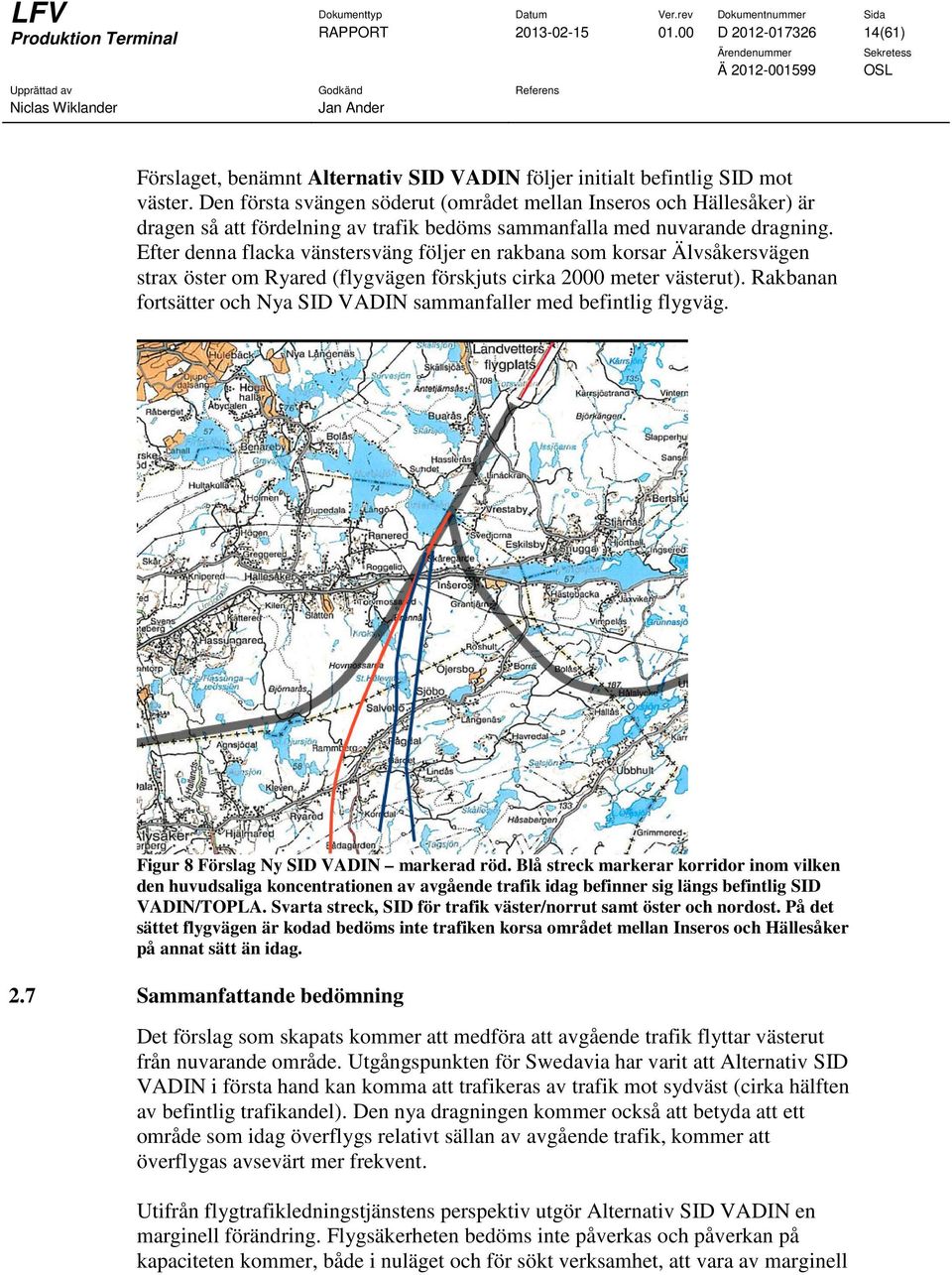 Efter denna flacka vänstersväng följer en rakbana som korsar Älvsåkersvägen strax öster om Ryared (flygvägen förskjuts cirka 2000 meter västerut).