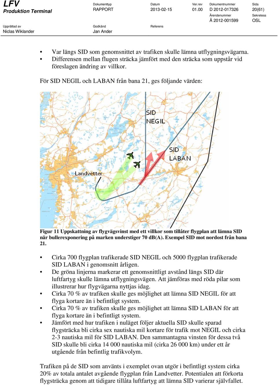 För SID NEGIL och LABAN från bana 21, ges följande värden: Figur 11 Uppskattning av flygvägsvinst med ett villkor som tillåter flygplan att lämna SID när bullerexponering på marken understiger 70