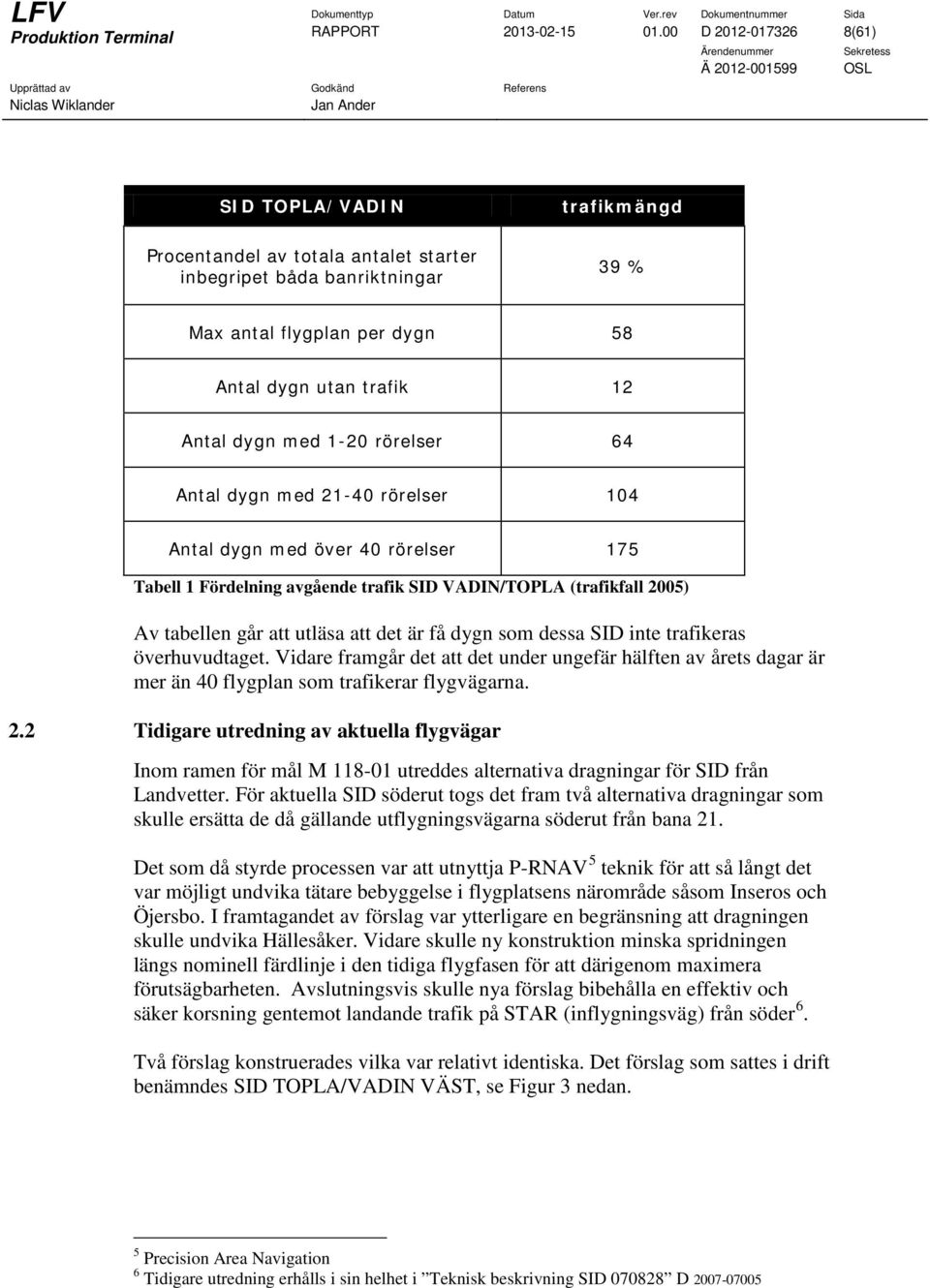 1-20 rörelser 64 Antal dygn med 21-40 rörelser 104 Antal dygn med över 40 rörelser 175 Tabell 1 Fördelning avgående trafik SID VADIN/TOPLA (trafikfall 2005) Av tabellen går att utläsa att det är få