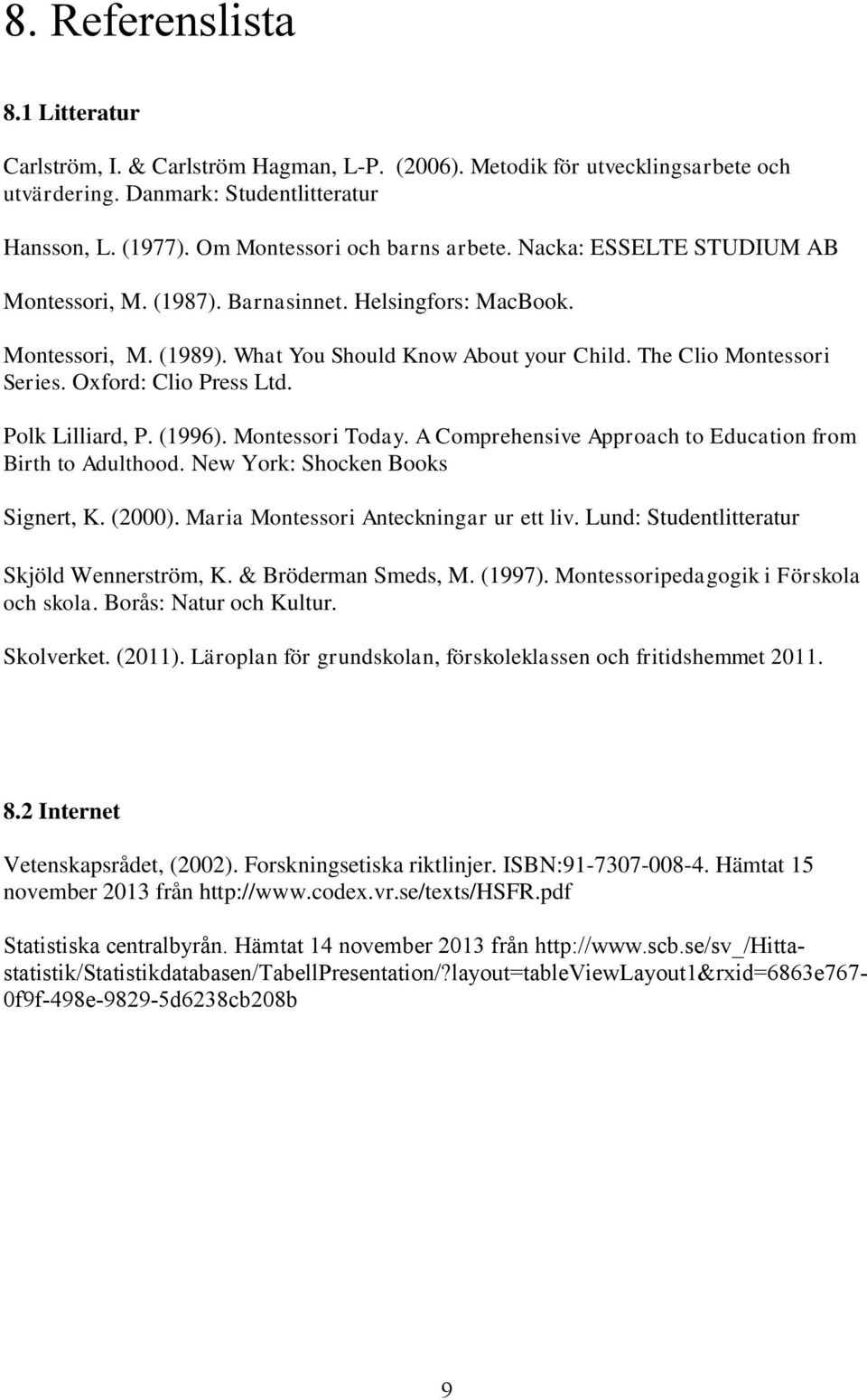 The Clio Montessori Series. Oxford: Clio Press Ltd. Polk Lilliard, P. (1996). Montessori Today. A Comprehensive Approach to Education from Birth to Adulthood. New York: Shocken Books Signert, K.