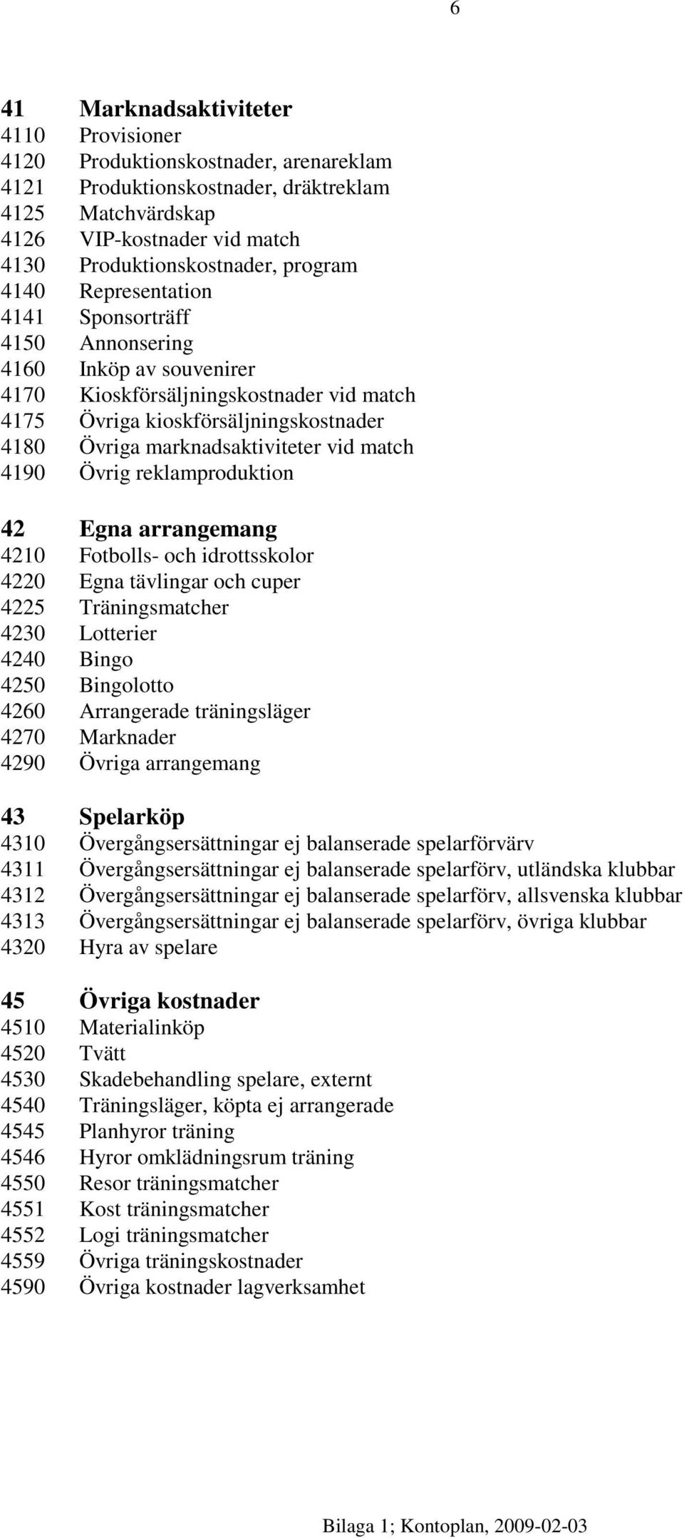 marknadsaktiviteter vid match 4190 Övrig reklamproduktion 42 Egna arrangemang 4210 Fotbolls- och idrottsskolor 4220 Egna tävlingar och cuper 4225 Träningsmatcher 4230 Lotterier 4240 Bingo 4250