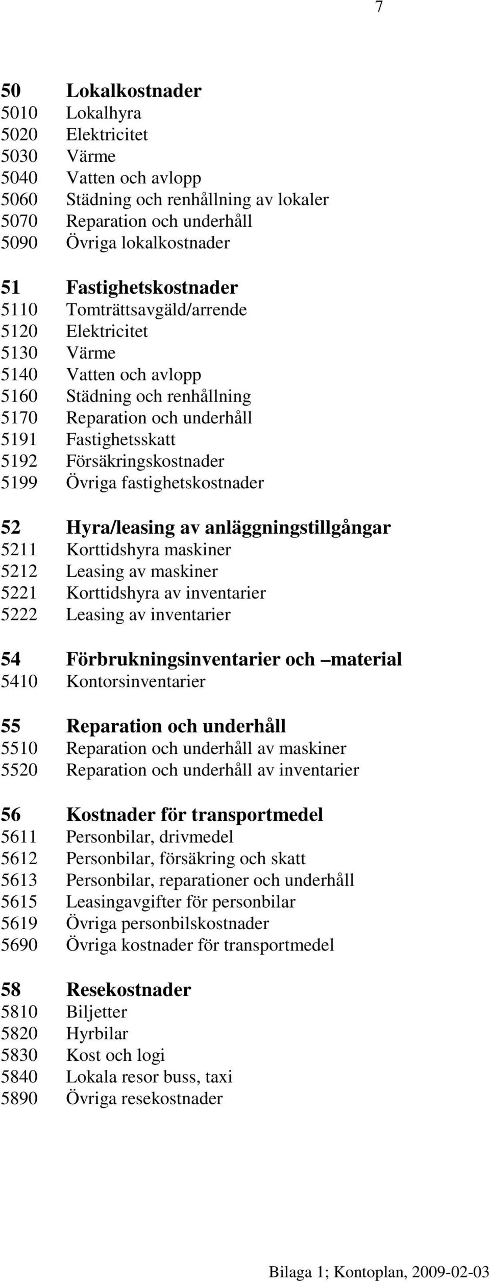 Försäkringskostnader 5199 Övriga fastighetskostnader 52 Hyra/leasing av anläggningstillgångar 5211 Korttidshyra maskiner 5212 Leasing av maskiner 5221 Korttidshyra av inventarier 5222 Leasing av