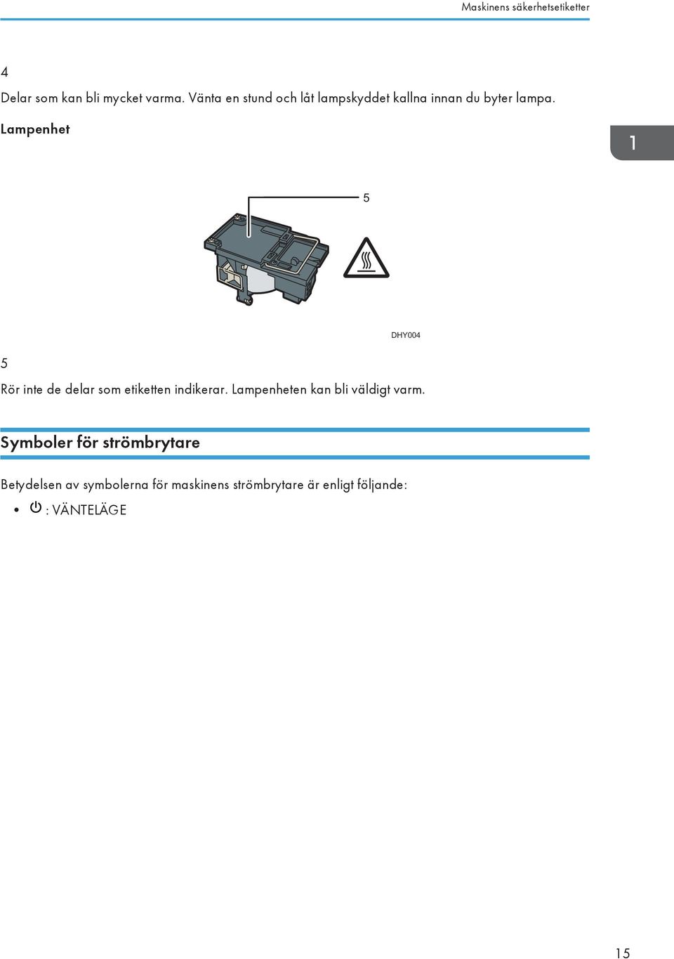 Lampenhet 5 5 DHY004 Rör inte de delar som etiketten indikerar.