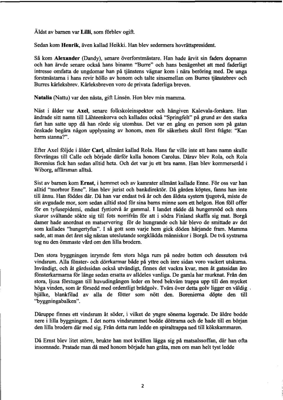 De unga forstmästarna i hans revir höllo av honom och talte sinsemellan om Burres tjänstebrev och Burres kärleksbrev. Kärleksbreven voro de privata faderliga breven.