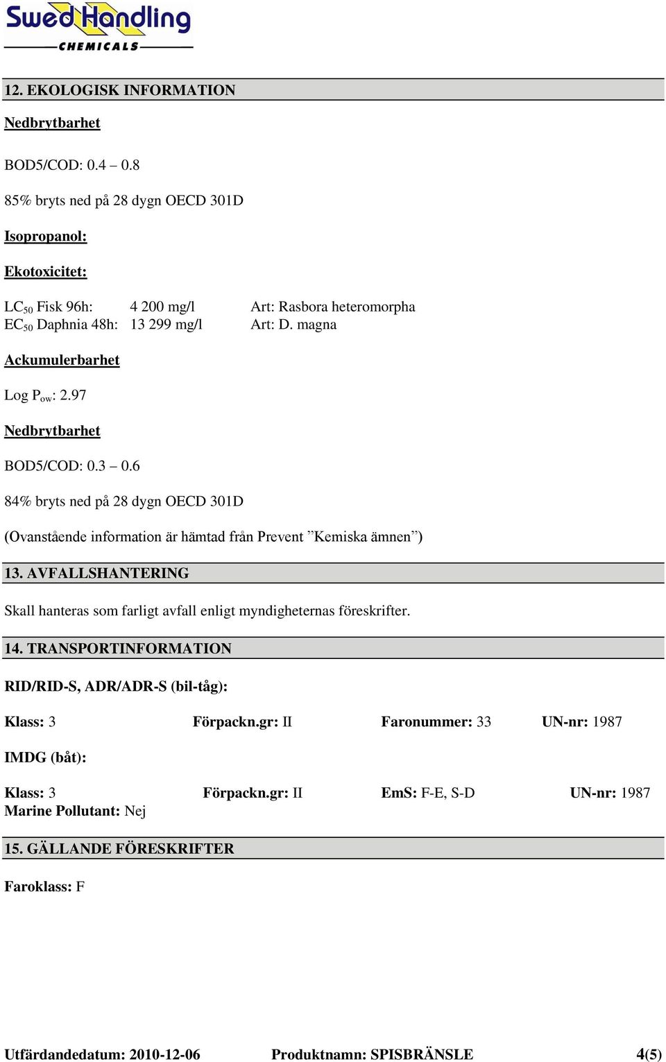 97 Nedbrytbarhet BOD5/COD: 0.3 0.6 84% bryts ned på 28 dygn OECD 301D (Ovanstående information är hämtad från Prevent Kemiska ämnen ) 13.