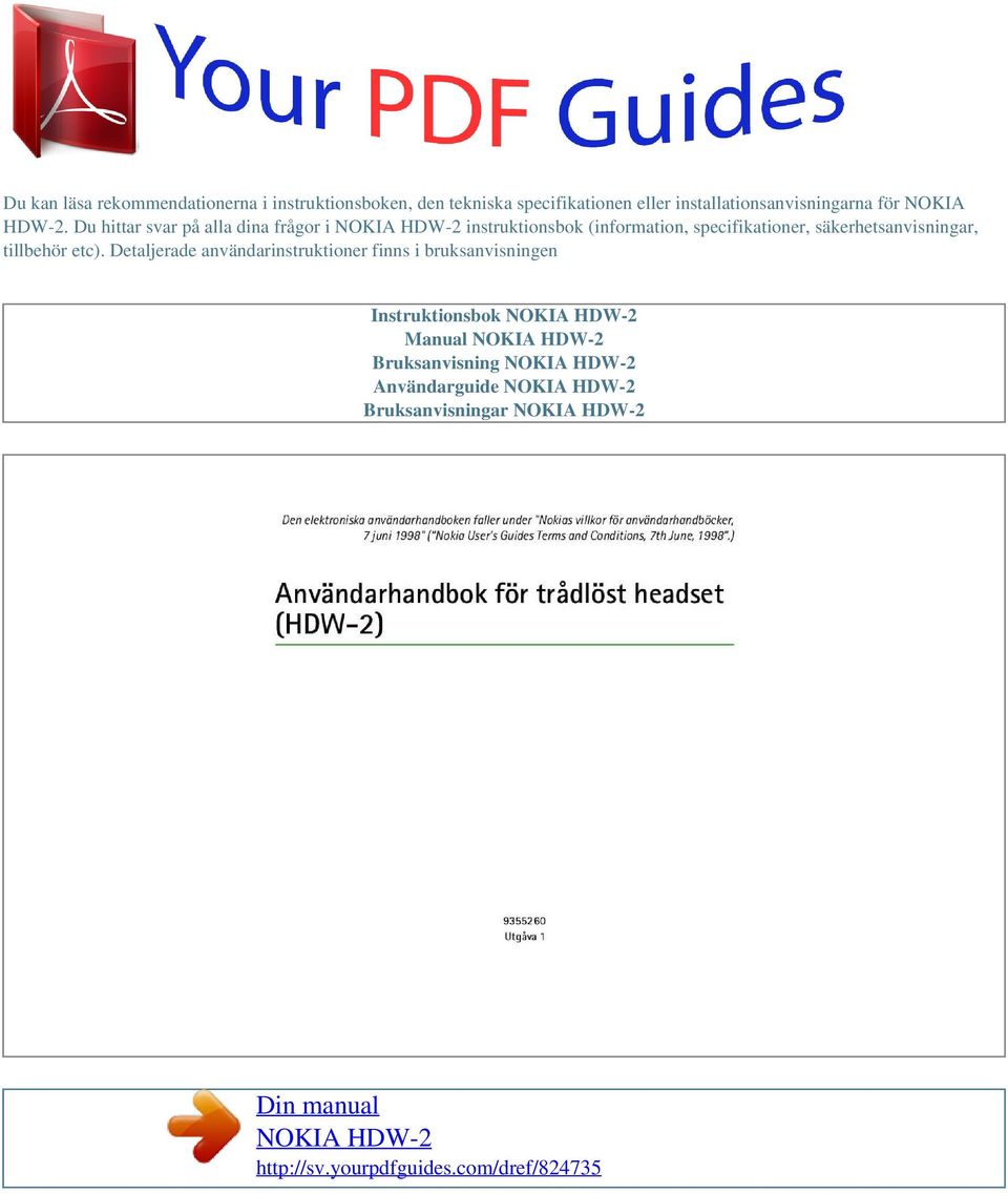 Du hittar svar på alla dina frågor i NOKIA HDW-2 instruktionsbok (information, specifikationer, säkerhetsanvisningar, tillbehör