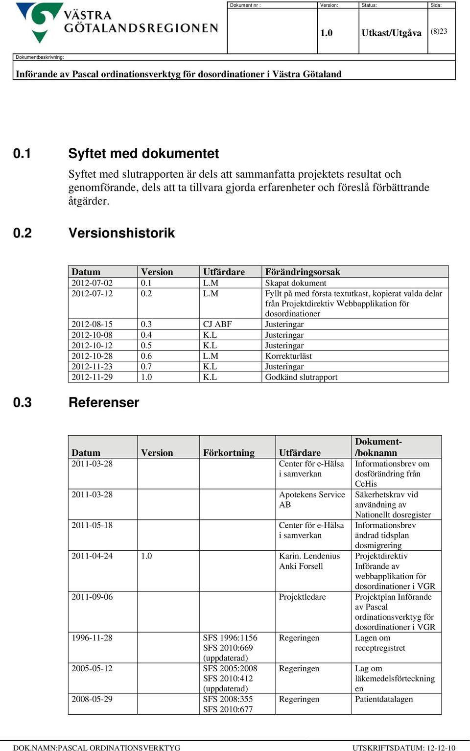2 Versionshistorik Datum Version Utfärdare Förändringsorsak 2012-07-02 0.1 L.M Skapat dokument 2012-07-12 0.2 L.