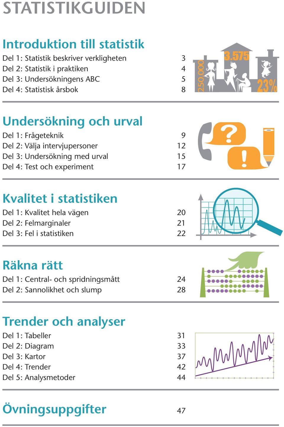 17 Kvalitet i statistiken Del 1: Kvalitet hela vägen 20 Del 2: Felmarginaler 21 Del 3: Fel i statistiken 22 Räkna rätt Del 1: Central- och spridningsmått 24