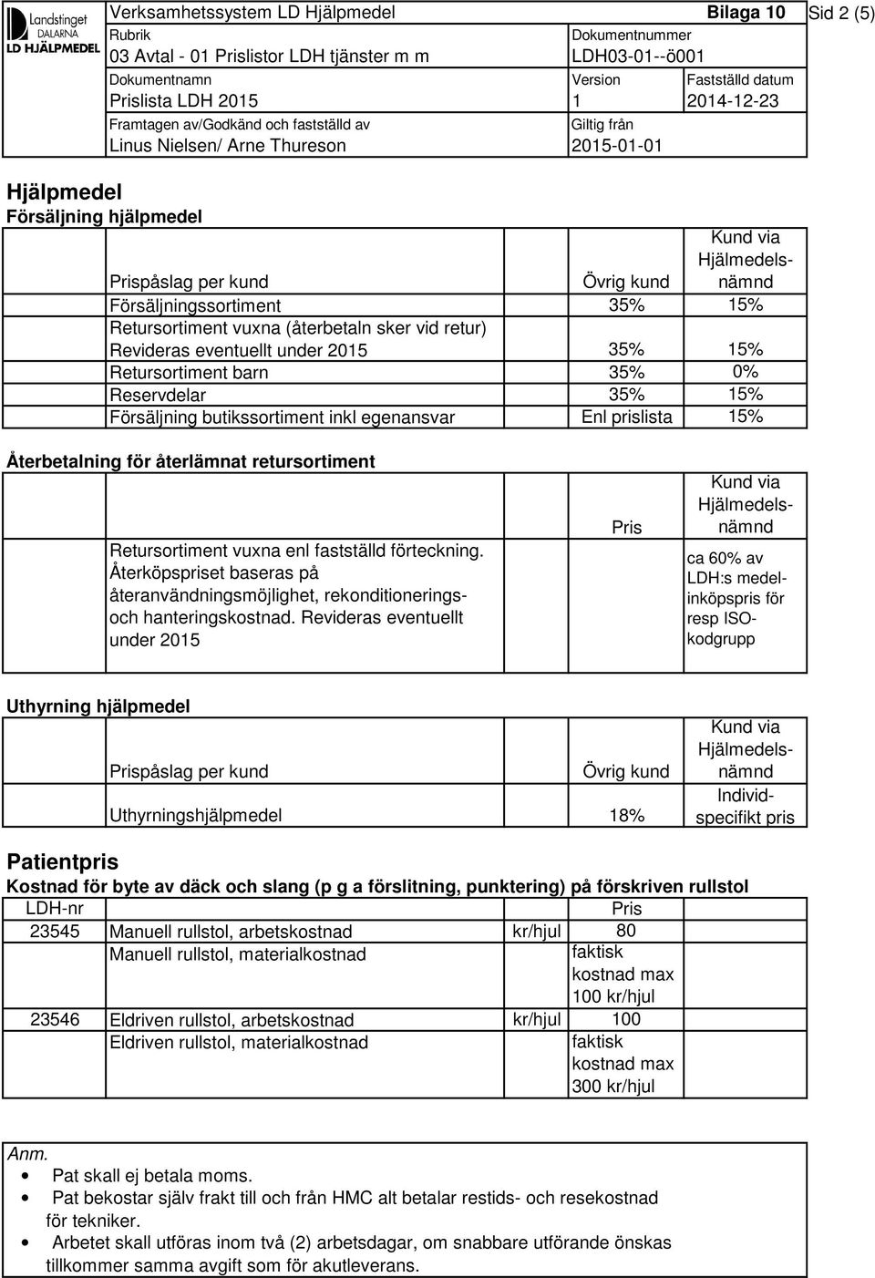 fastställd förteckning. Återköpspriset baseras på återanvändningsmöjlighet, rekonditioneringsoch hanteringskostnad.