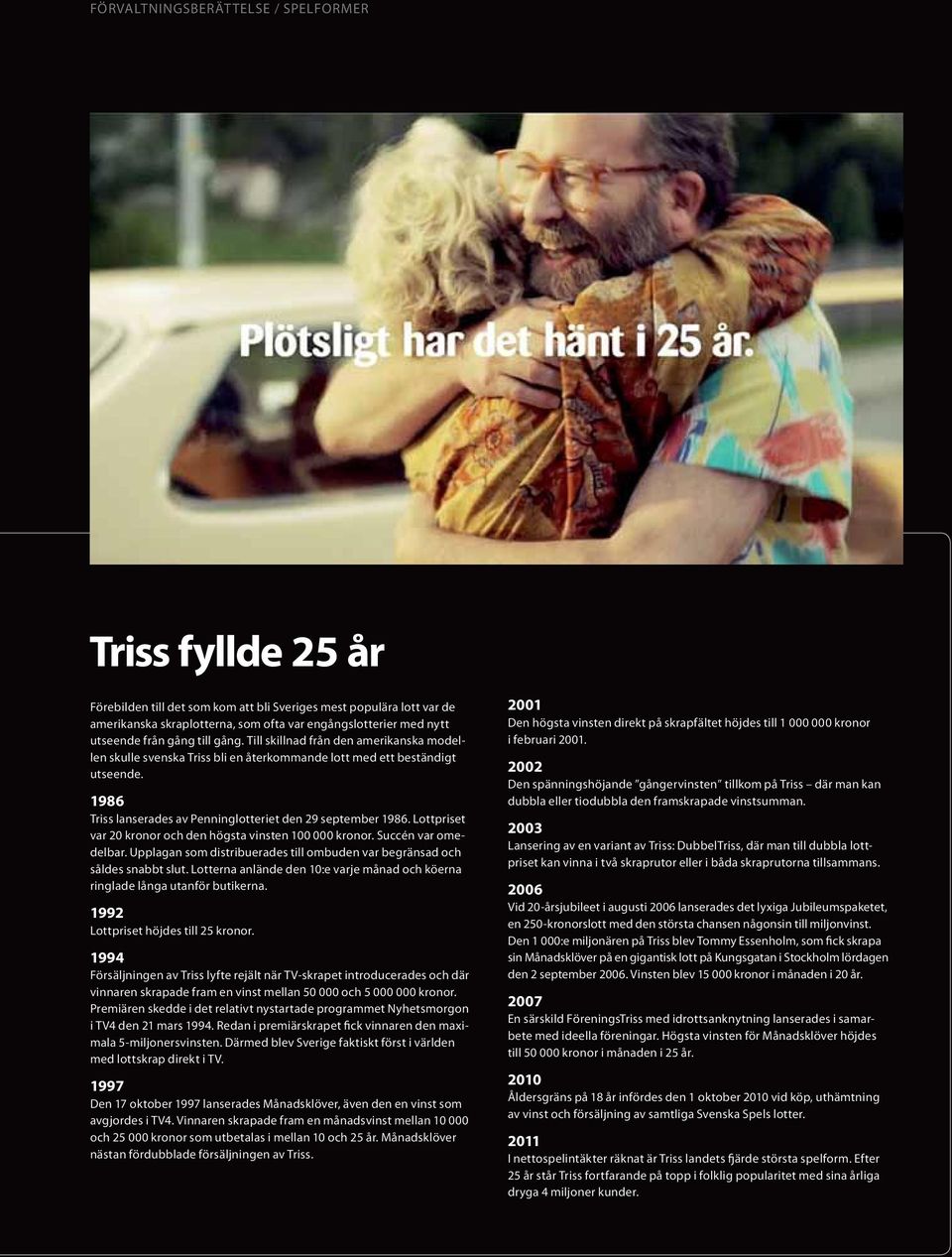 1986 Triss lanserades av Penninglotteriet den 29 september 1986. Lottpriset var 20 kronor och den högsta vinsten 100 000 kronor. Succén var omedelbar.