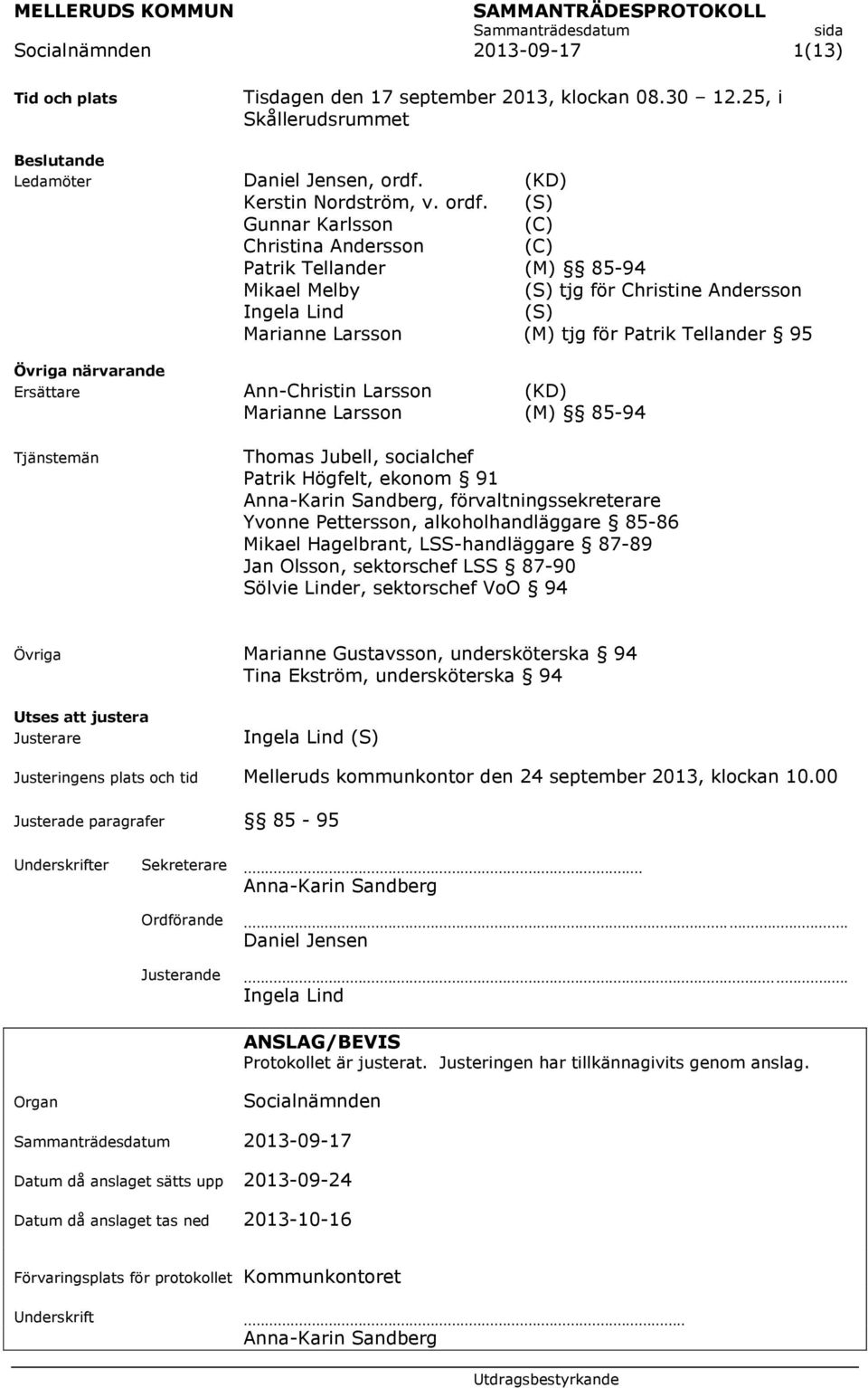 (S) Gunnar Karlsson (C) Christina Andersson (C) Patrik Tellander (M) 85-94 Mikael Melby (S) tjg för Christine Andersson Ingela Lind (S) Marianne Larsson (M) tjg för Patrik Tellander 95 Övriga