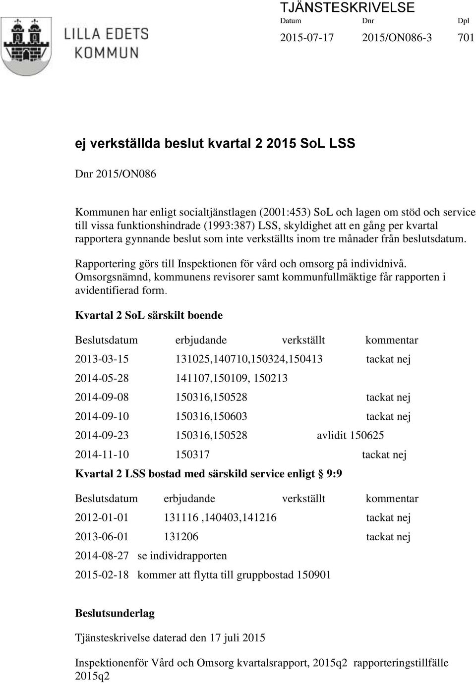 Rapportering görs till Inspektionen för vård och omsorg på individnivå. Omsorgsnämnd, kommunens revisorer samt kommunfullmäktige får rapporten i avidentifierad form.