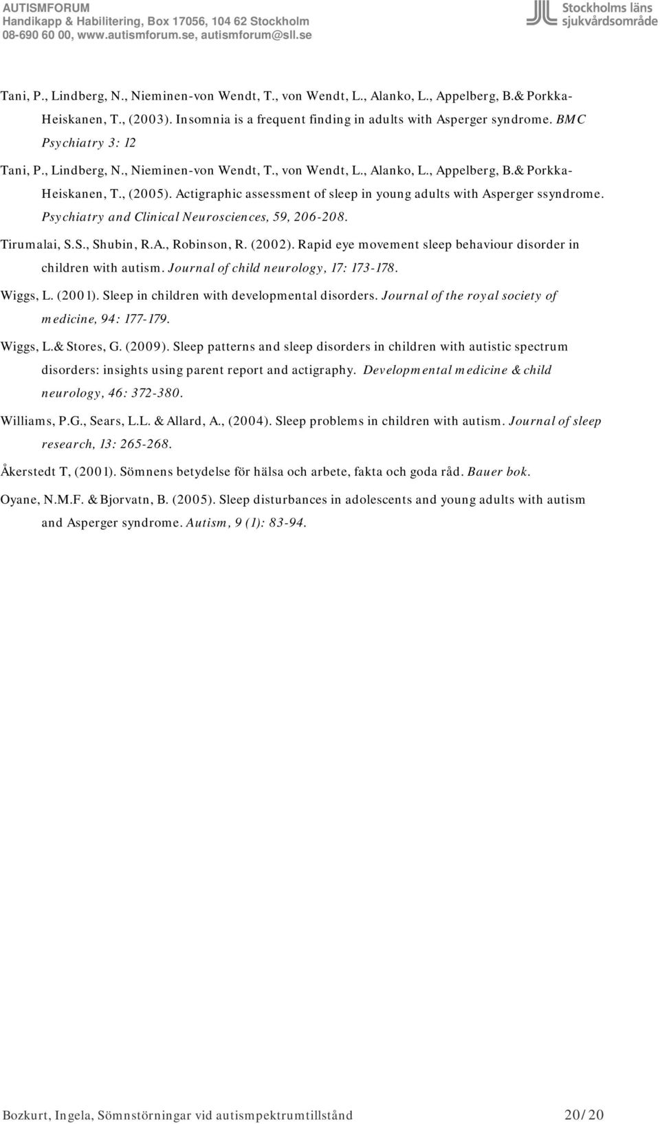 Actigraphic assessment of sleep in young adults with Asperger ssyndrome. Psychiatry and Clinical Neurosciences, 59, 206-208. Tirumalai, S.S., Shubin, R.A., Robinson, R. (2002).