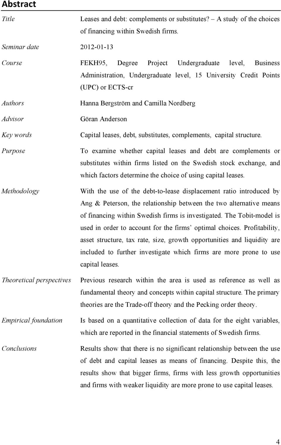 Methodology Theoretical perspectives Empirical foundation Conclusions Hanna Bergström and Camilla Nordberg Göran Anderson Capital leases, debt, substitutes, complements, capital structure.